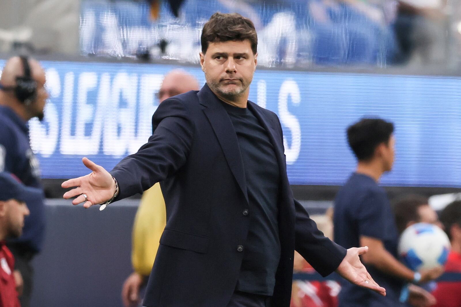 United States' head coach Mauricio Pochettino reacts during the second half of a CONCACAF Nations League semifinal soccer match against Panama, Thursday, March 20, 2025, in Inglewood, Calif. (AP Photo/Etienne Laurent)