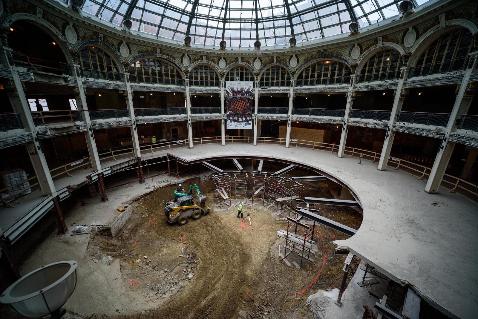 The Dayton Arcade redevelopment project in downtown Dayton by Cross Street Partners, The Model Group & McCormack Baron Salazar construction updates include excavation work on ‘The Tank’, an in the round theater on the basement level underneath the rotunda, exterior masonry work, continued environmental remediation on the future shared use commercial kitchen and demolition in the North Arcade. The environmental remediation and demolition inside the Commercial and Ludlow buildings has been completed. Here’s a look at progress during a Nov. 21, 2019 visit. TOM GILLIAM/CONTRIBUTED