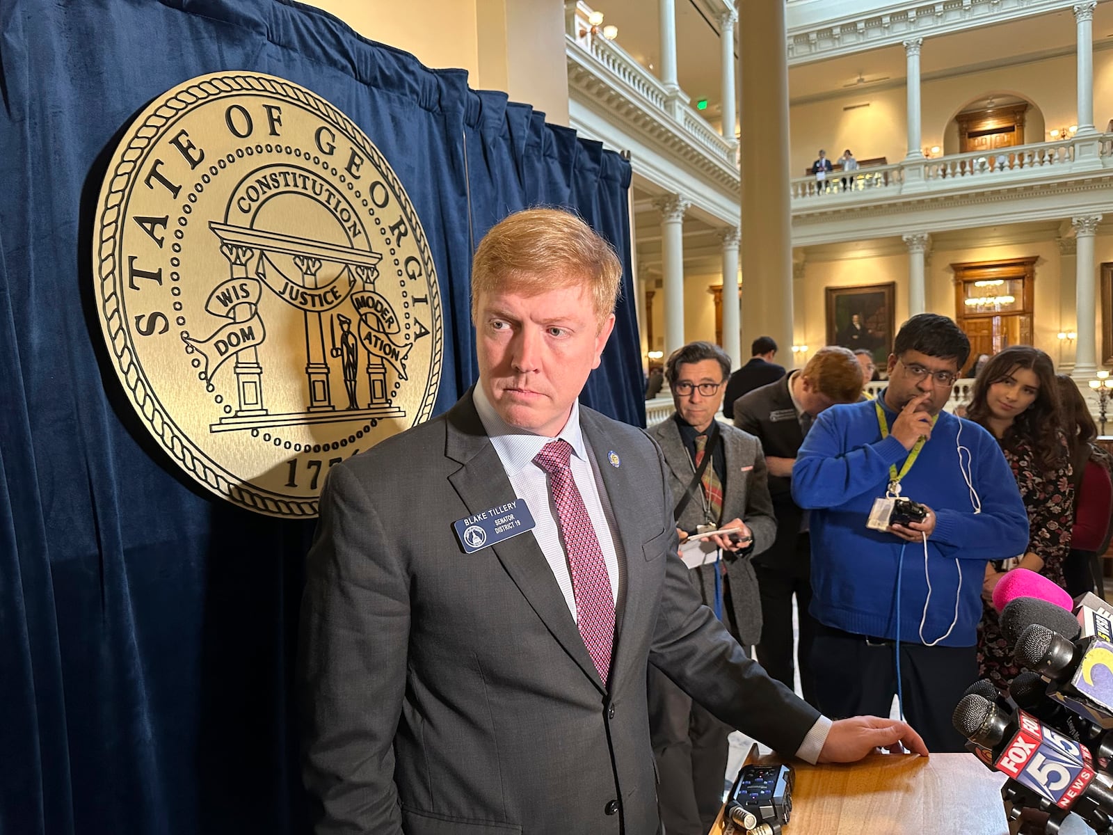 Georgia Sen. Blake Tillery, R-Vidalia, listens to a reporter's question following Senate passage of a bill limiting state funding of gender affirming care on Tuesday, Feb. 11, 2025, at the Georgia Capitol in Atlanta. (AP Photo/Jeff Amy)