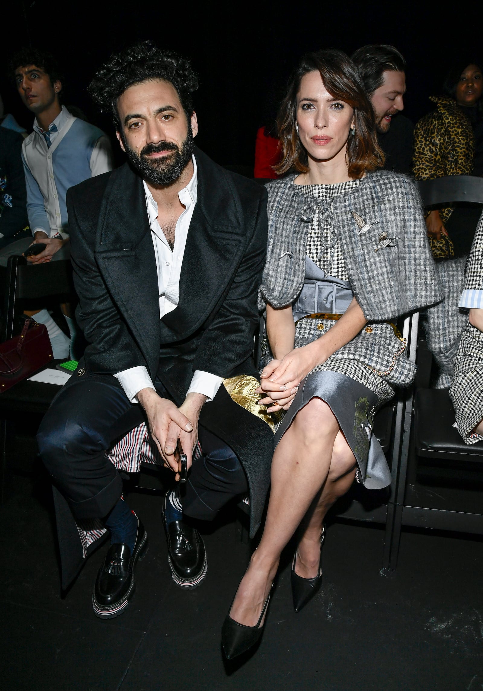 Morgan Spector, left, and Rebecca Hall attend the Thom Browne Fall/Winter 2025 fashion show as part of New York Fashion Week on Tuesday, Feb. 11, 2025, at The Shed in New York. (Photo by Evan Agostini/Invision/AP)