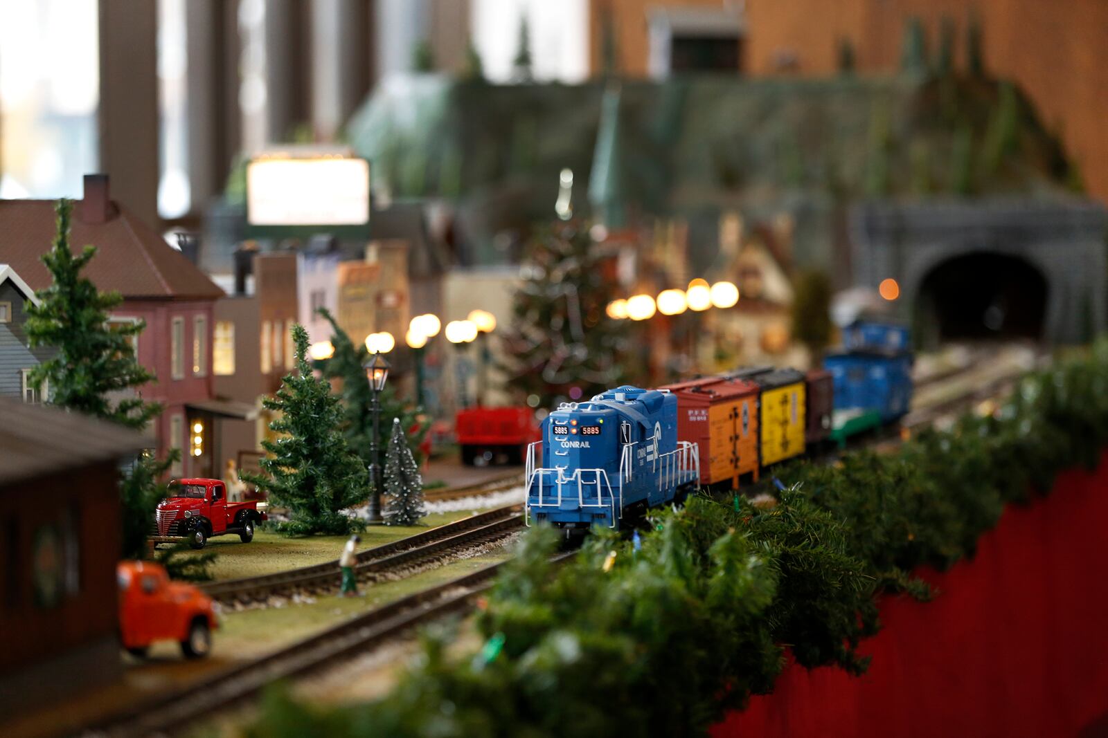 Dayton philanthropist Virginia Kettering commissioned this holiday train display in 1996. The gift for the community is displayed in the lobby of the Kettering Tower through Jan. 2.  LISA POWELL / STAFF