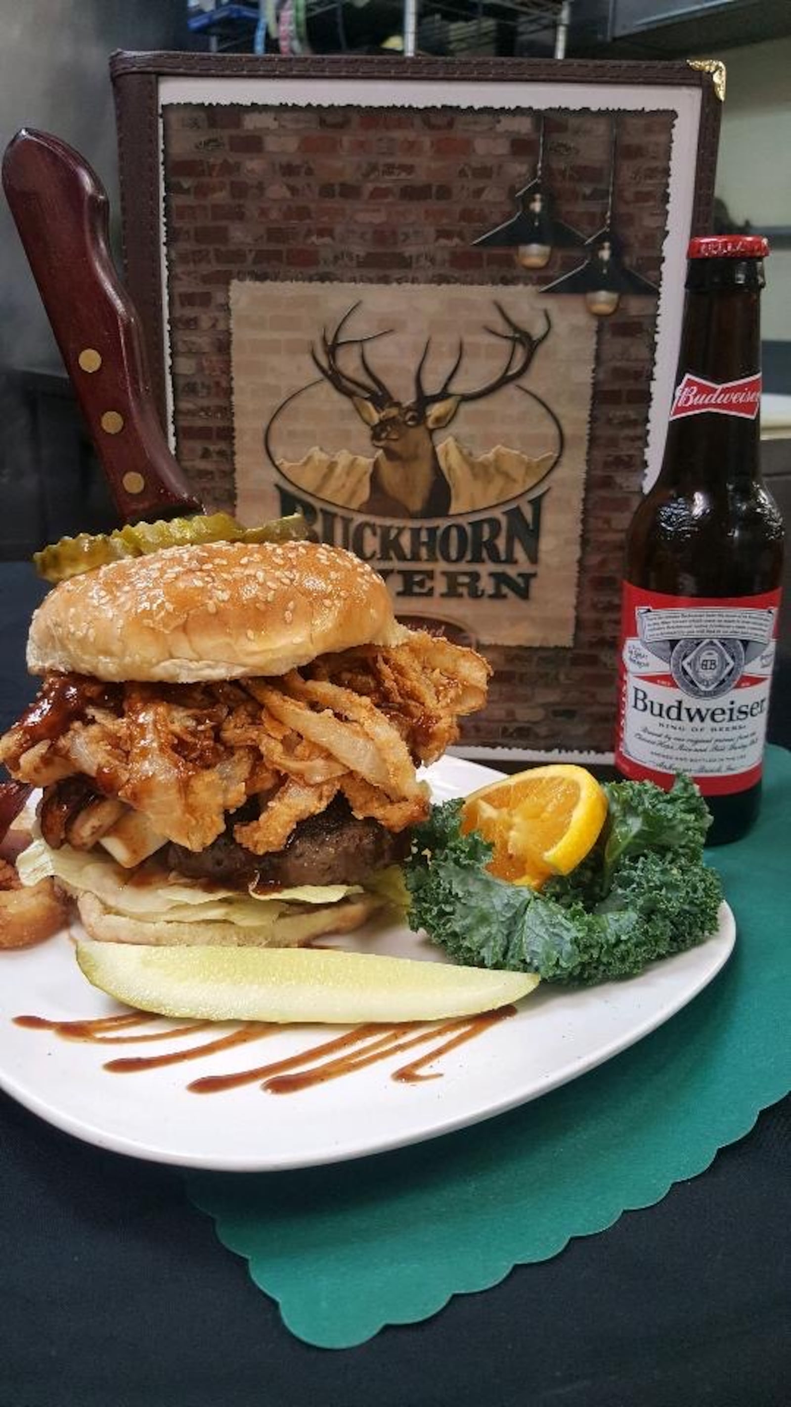 Buckhorn Tavern's Buck Buster Burger featuring bourbon barbecue sauce, smoked Gouda and mozzarella cheeses, mushrooms, onion rings, backon and more. It's available for $11 during Burger Week June 21-28, 2020. CONTRIBUTED