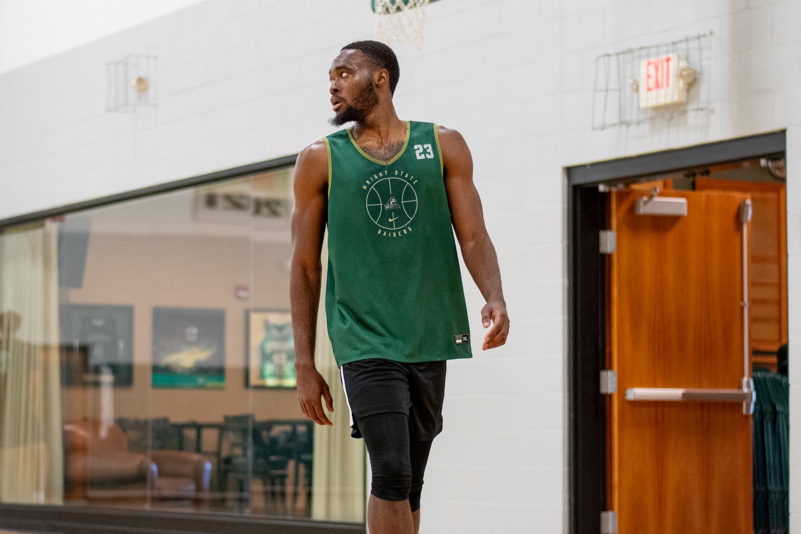 Jack Doumbia during a recent Wright State basketball practice. The 23-year-old, fifth-year player, came to the Raiders  from Norfolk State after earlier stops at Cloud County Community College in Kansas and Tallahassee Community College in Florida. Wright State Athletics photo