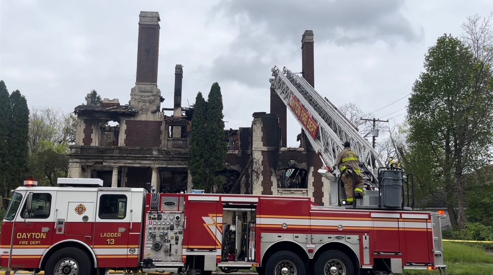 Dayton Fire Department crews were at The Traxler Mansion fire at the corner of Broadway and Yale in West Dayton for about eight hours Sunday, April 23, 2023. JEREMY P. KELLEY / STAFF