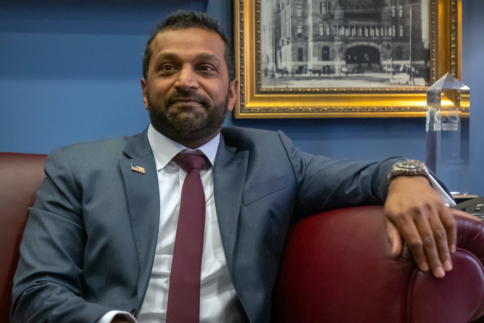 Kash Patel, President-elect Donald Trump's pick to be the director of the FBI, attends a meeting in the office of Sen. John Cornyn, R-Texas, on Capitol Hill, Monday, Dec. 9, 2024, in Washington. (AP Photo/Mark Schiefelbein)