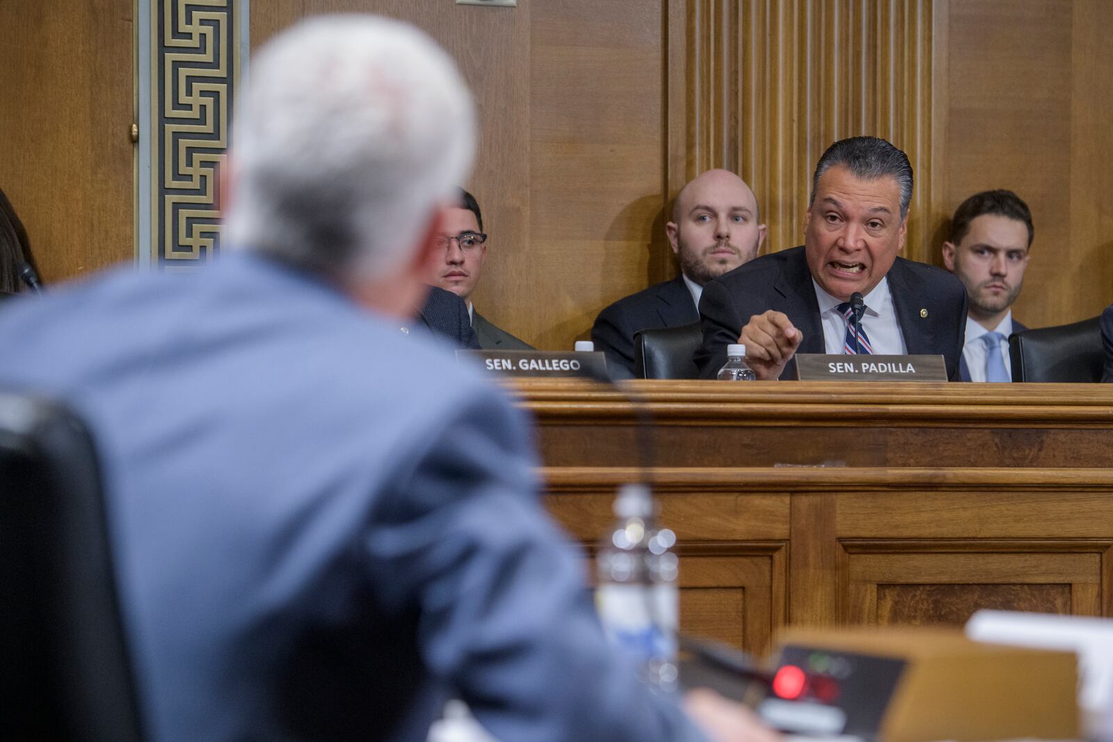 Sen. Alex Padilla, D-Calif., questions Chris Wright, President-elect Donald Trump's nominee to be Secretary of Energy, regarding the wildfires currently burning in Southern California, as he testifies during a Senate Committee on Energy and Natural Resources hearing for his pending confirmation, on Capitol Hill, Wednesday, Jan. 15, 2025, in Washington. (AP Photo/Rod Lamkey, Jr.)