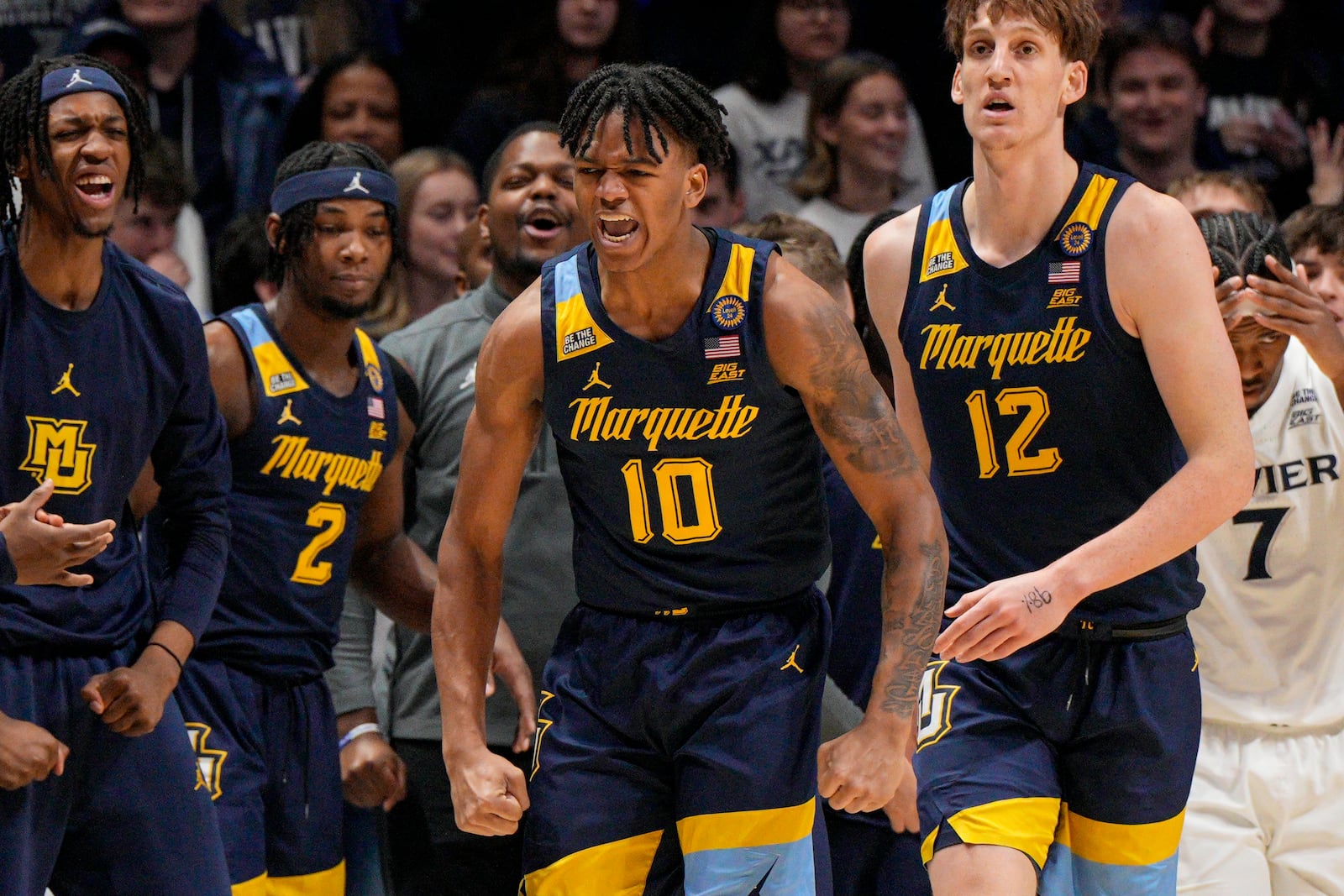 Marquette's Damarius Owens (10) reacts during the first half of an NCAA college basketball game against Xavier, Saturday, Dec. 21, 2024, in Cincinnati. (AP Photo/Jeff Dean)