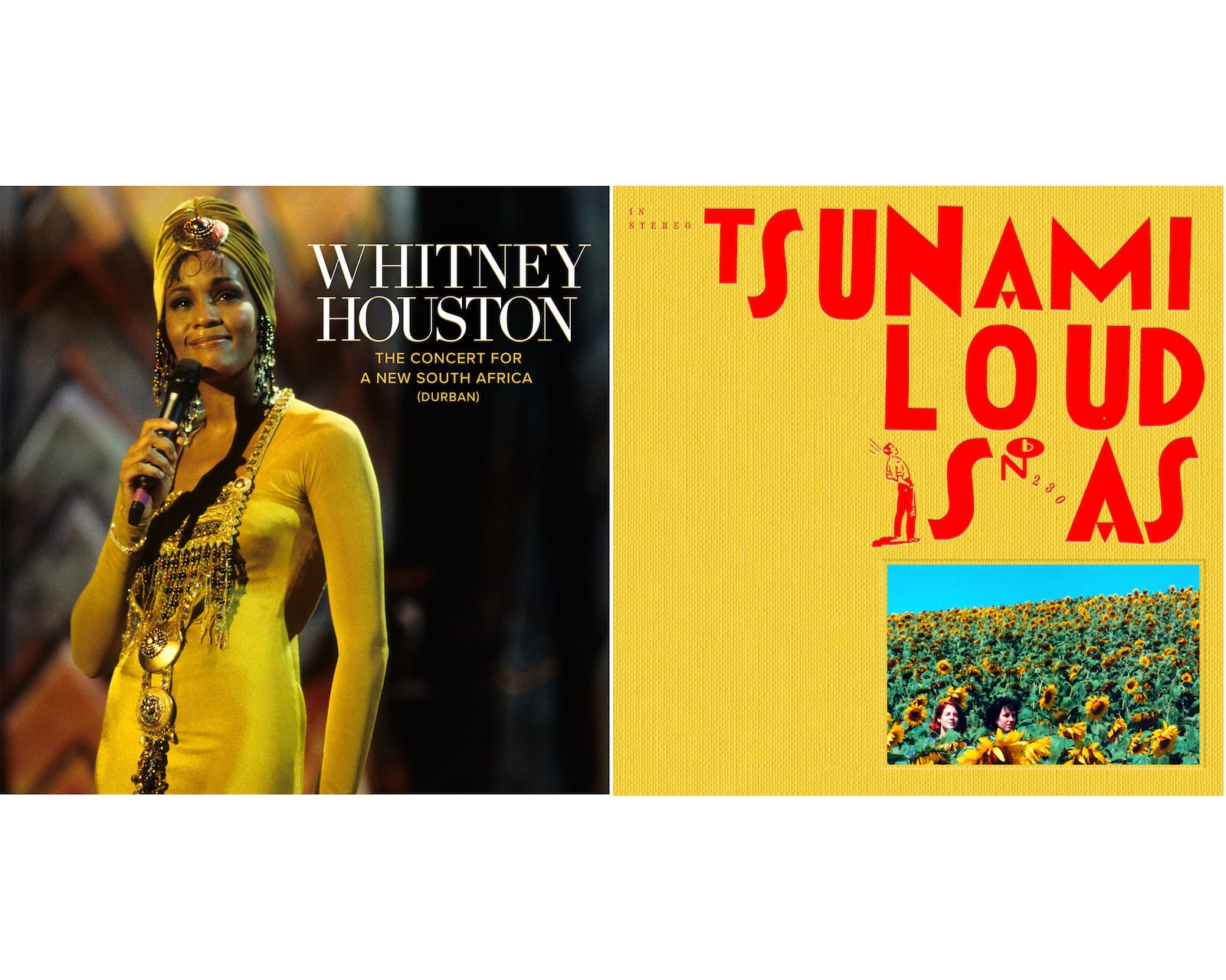 This combination of album cover images shows "The Concert for a New South Africa (Durban)" by Whitney Houston, left, and "Loud Is As" by Tsunami. (RCA Records/Numero Group via AP)