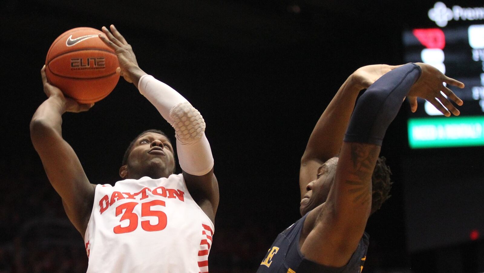 Dayton’s Dwayne Cohill shoots against La Salle on Wednesday, March 6, 2019, at UD Arena. David Jablonski/Staff