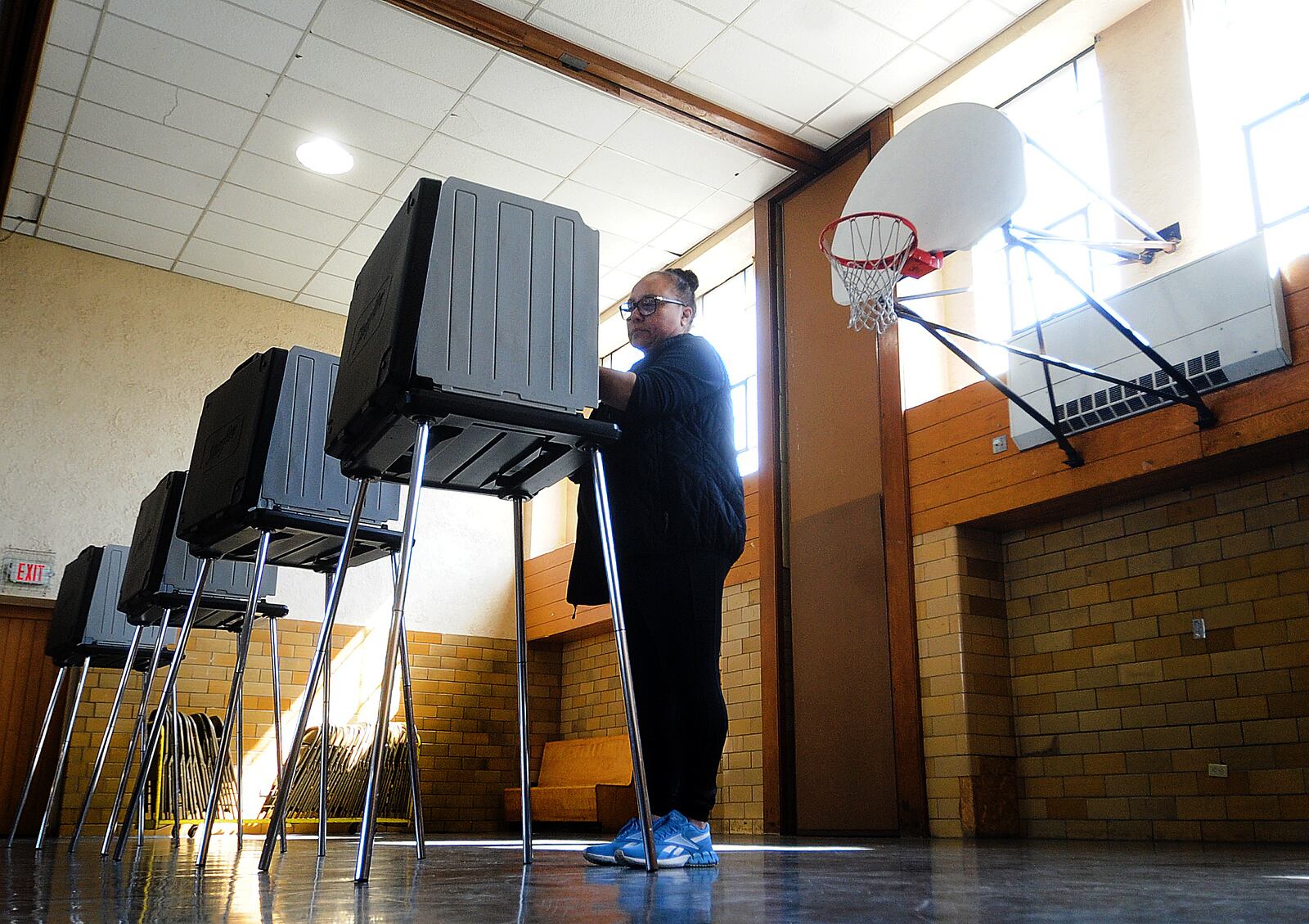 Sylvia Jaime votes at the Grace United Methodist Church in Dayton, Tuesday, March 19, 2024. MARSHALL GORBY\STAFF