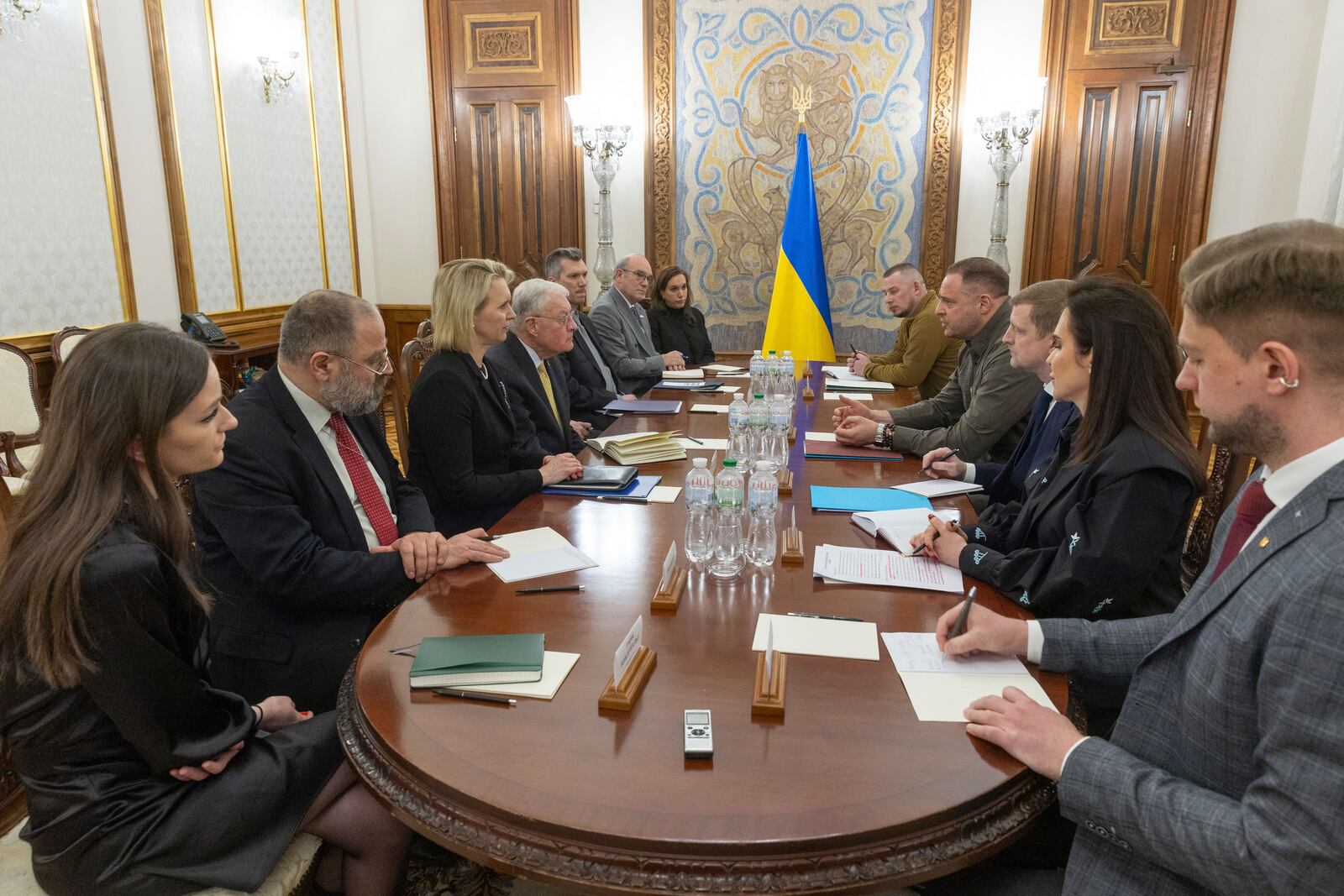 In this photo provided by the Press Service Of The President Of Ukraine on Wednesday Feb. 19, 2025, USA Envoy to Ukraine Keith Kellogg and Head of Ukrainian Presidential Office Andriy Yermak, along with their delegations meet in Kyiv, Ukraine. (Press Service Of The President Of Ukraine via AP)