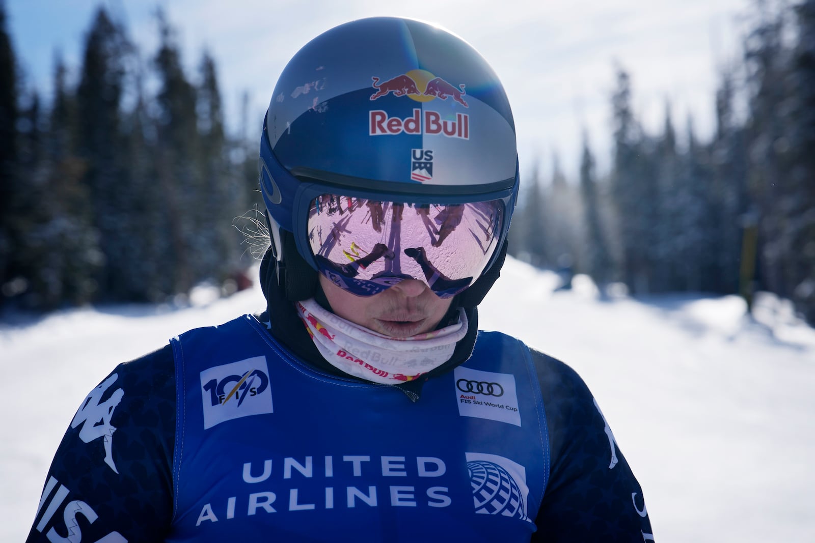 Lindsey Vonn prepares to be a forerunner at a women's World Cup downhill training run, Wednesday, Dec. 11, 2024, in Beaver Creek, Colo. (AP Photo/John Locher)