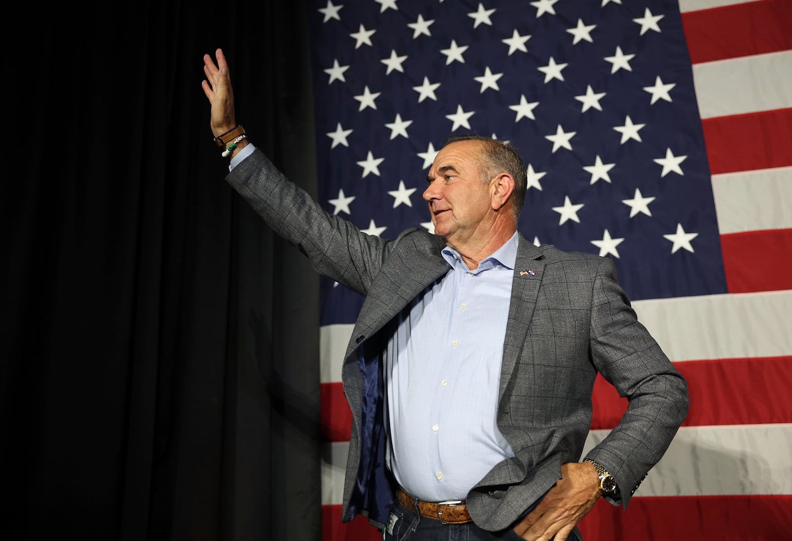 FILE - Missouri Gov.-elect Mike Kehoe greets the crowd during an election night party at the Capital Bluffs Event Center in Jefferson City, Mo., Nov. 5, 2024. (Robert Cohen/St. Louis Post-Dispatch via AP, File)