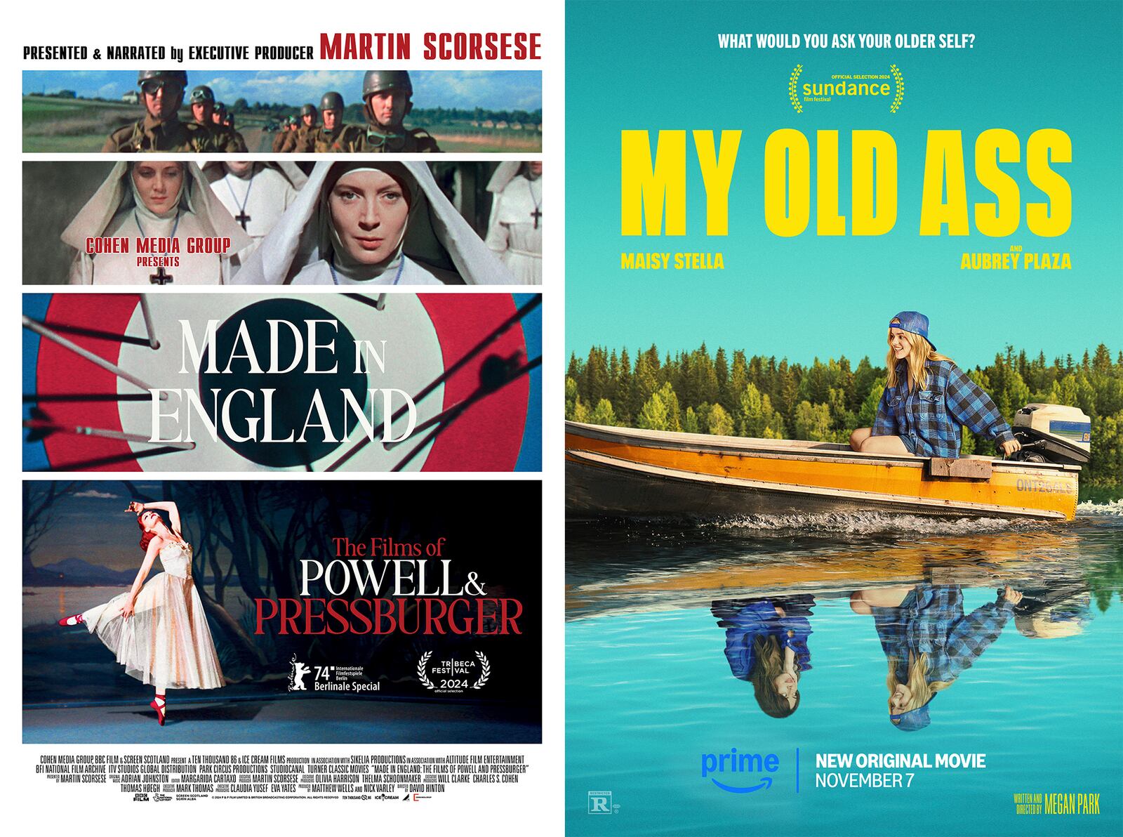 This combination of images shows promotional art for "Made in England: The Films of Powell and Pressburger," left, and "My Old Ass" (Cohen Media Group/Amazon Studios via AP)