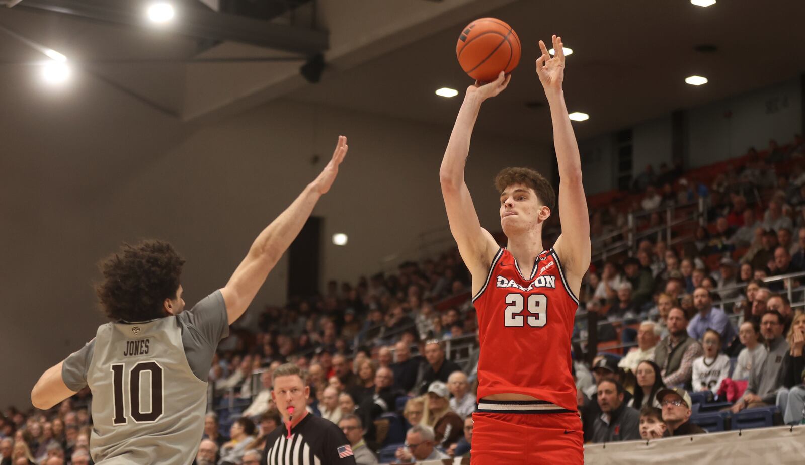 Dayton's Amaël L'Etang makes a 3-pointer in the first half against St. Bonaventure on Tuesday, Jan. 28, 2025, at the Reilly Center in St. Bonaventure, N.Y.. David Jablonski/Staff