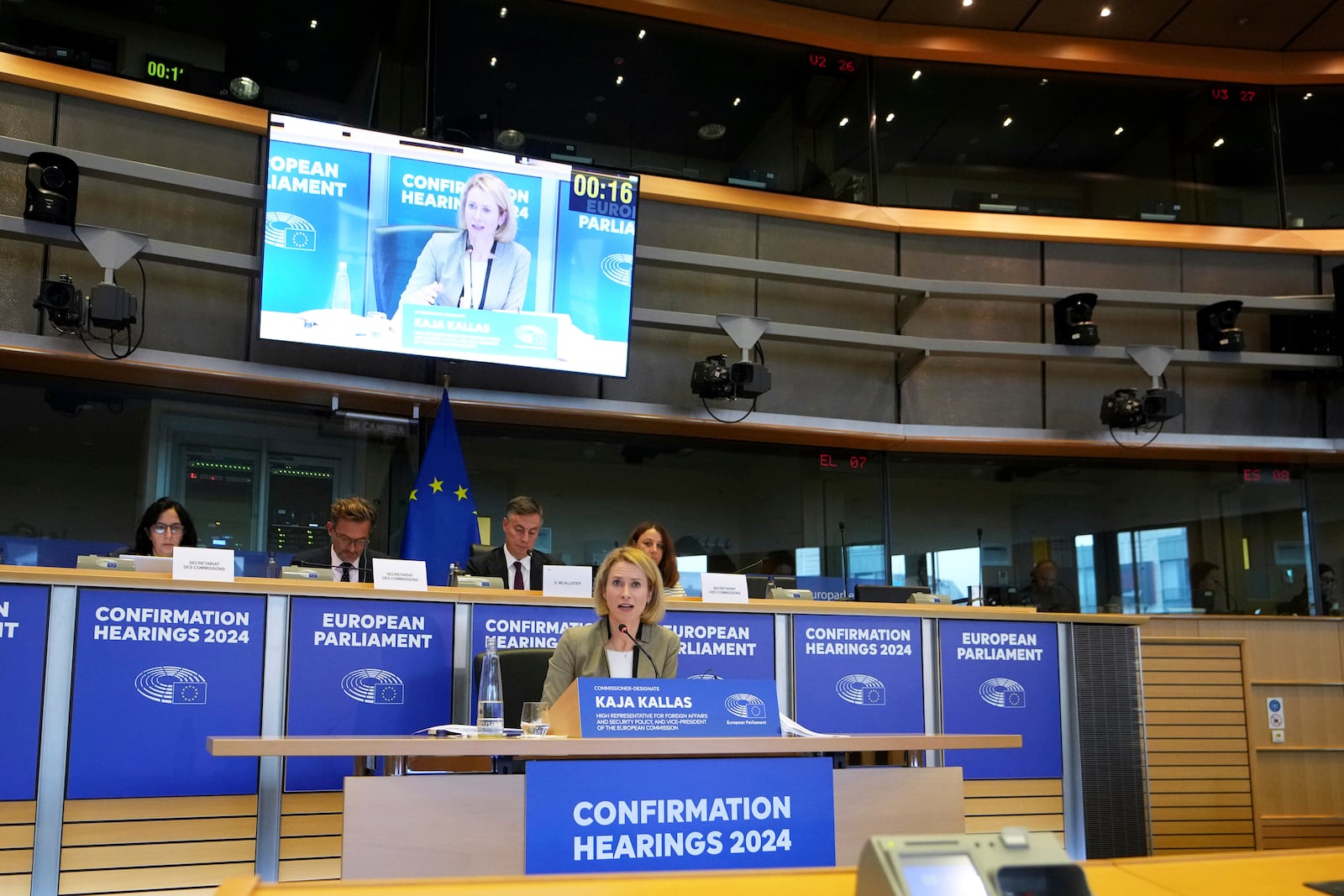 Estonia's Kaja Kallas, nominee for European Union High Representative and Vice-President for Foreign Affairs and Security Policy, speaks during her hearing at the European Parliament in Brussels on Tuesday, Nov. 12, 2024. (AP Photo/Virginia Mayo)