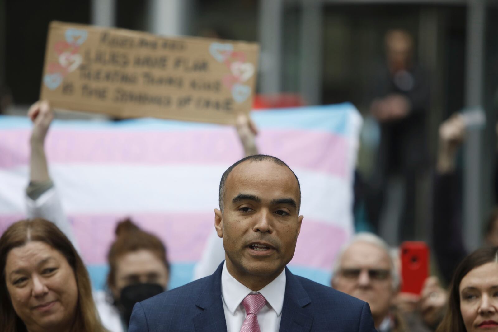 Washington Attorney General Nick Brown speaks during a news conference after a second federal judge paused President Donald Trump's order against gender-affirming care for youth outside the Seattle federal courthouse on Friday, Feb. 14, 2025. (AP Photo/Manuel Valdes)