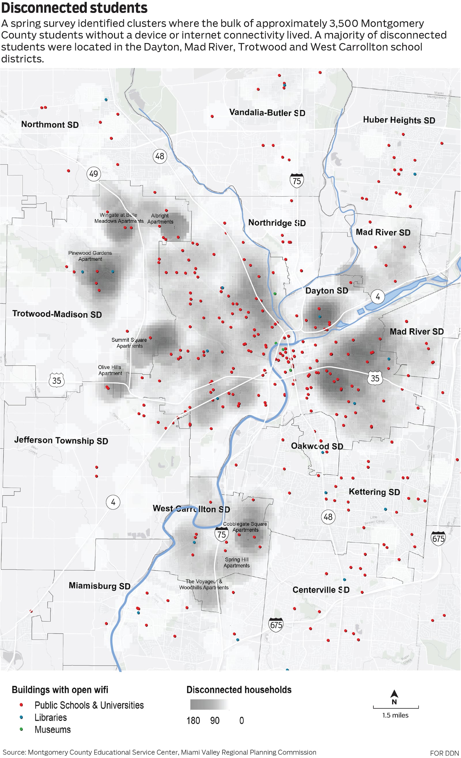 A spring survey identified clusters where the bulk of approximately 3,500 Montgomery County students without a device or internet connectivity lived. A majority of disconnected students were located in the Dayton, Mad River, Trotwood and West Carrollton school districts.