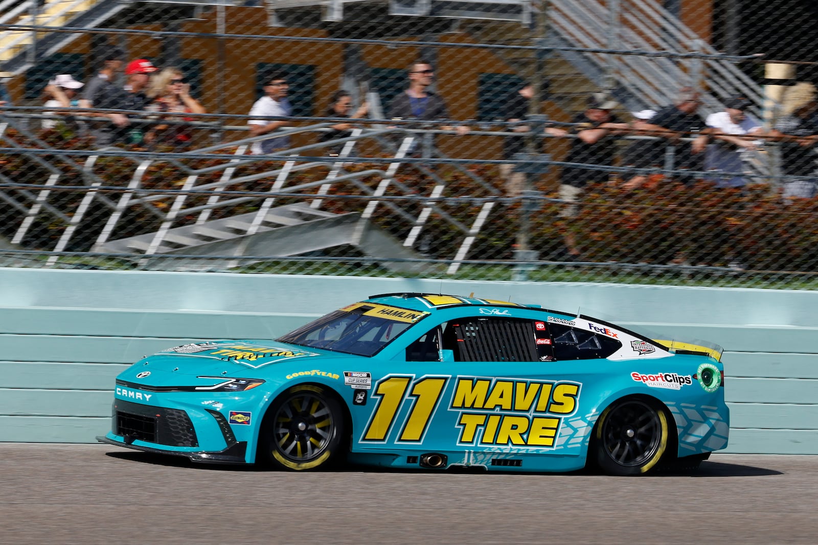 Denny Hamlin drives on track during the NASCAR Cup Series auto race at Homestead-Miami Speedway in Homestead, Fla., Sunday, Oct. 27, 2024. (AP Photo/Terry Renna)