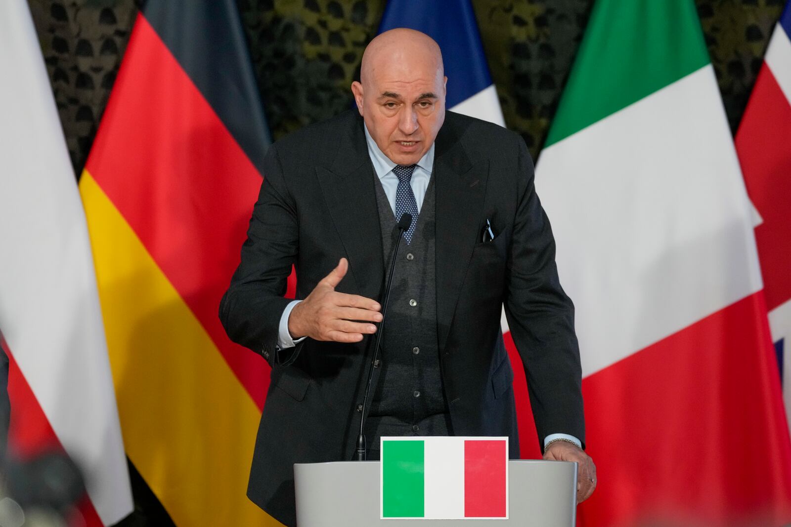 Italy's Minister of Defence Guido Crosetto speaks during a news conference after a meeting of defense ministers of five NATO countries to discuss coordinating their defense plans and support for Ukraine, in the village of Helenow, near Warsaw, Poland, Monday, Jan. 13, 2025. (AP Photo/Czarek Sokolowski)