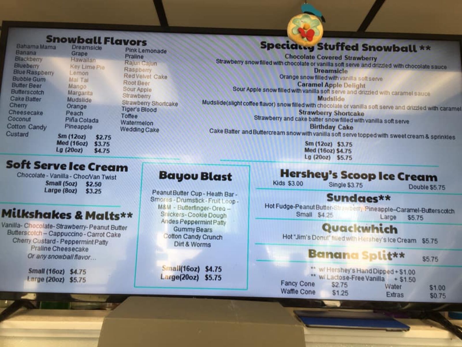 The menu at Ducky's Snowballs and Ice Cream in Troy.