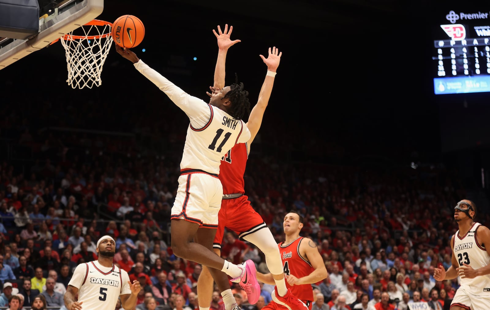 Dayton's Malachi Smith shoots against Saint Francis on Monday, Nov. 4, 2024, at UD Arena. David Jablonski/Staff