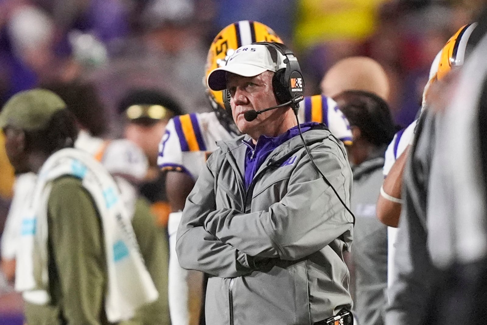 LSU head coach Brian Kelly watches from the sideline in the second half an NCAA college football game against Alabama in Baton Rouge, La., Saturday, Nov. 9, 2024. (AP Photo/Gerald Herbert)