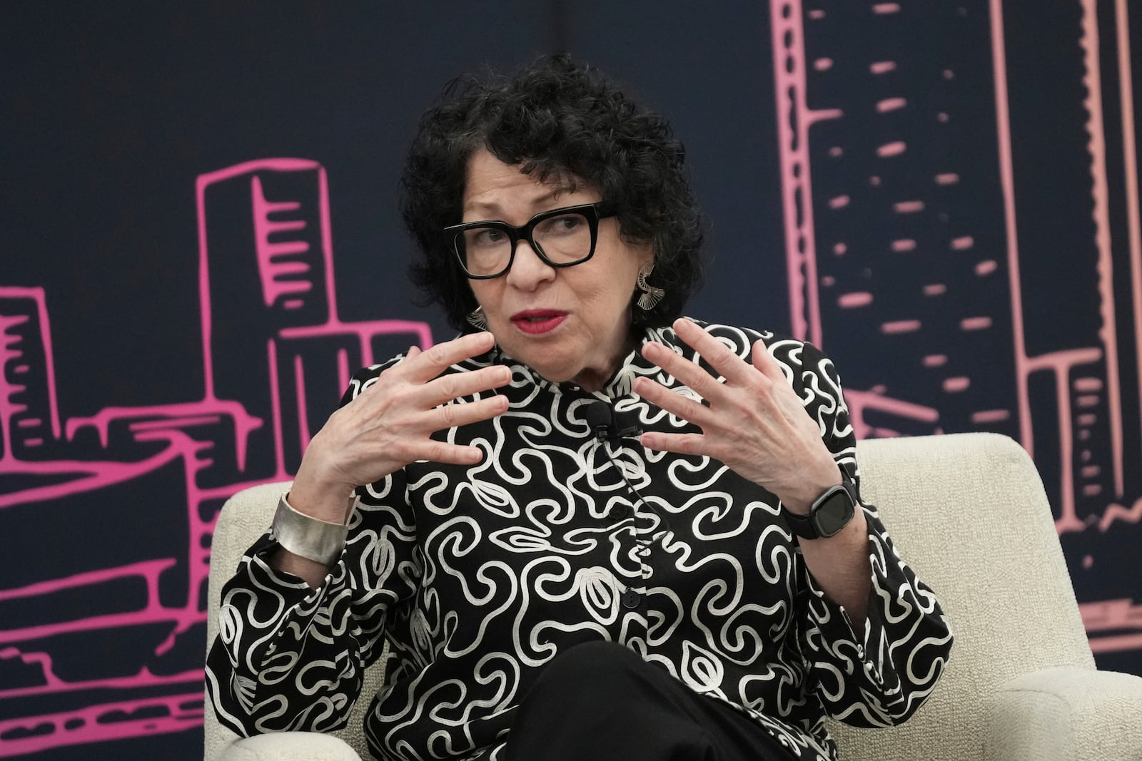 U.S. Supreme Court Associate Justice Sonia Sotomayor participates in a fireside chat with Knight Foundation President and CEO Maribel Pérez Wadsworth in Miami Tuesday, Feb. 11, 2025. (AP Photo/Lynne Sladky)