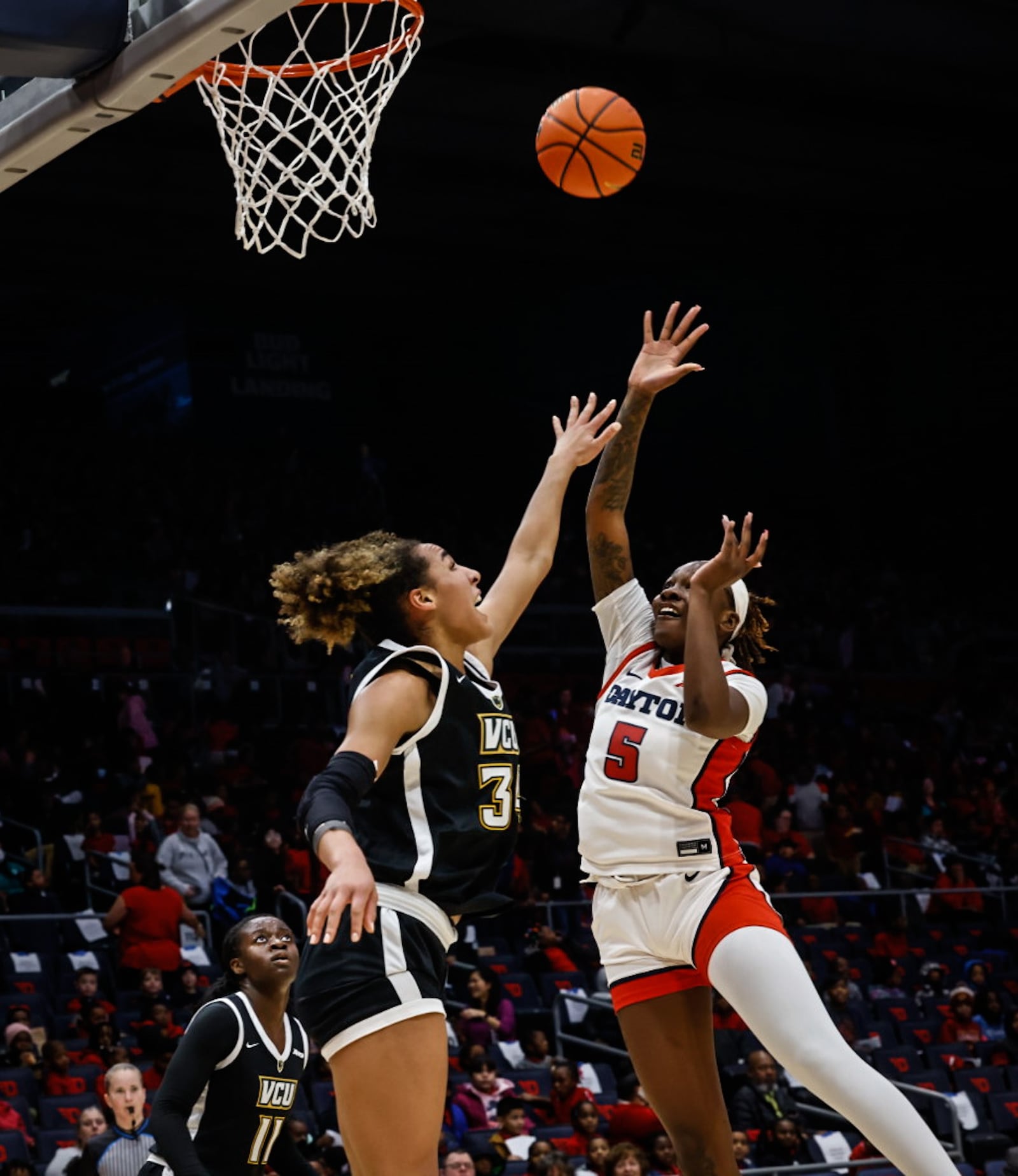 UD forward Arianna Smith goes up for a basket during the first half against VCU at the UD Arena Wednesday morning January 24, 2024. JIM NOELKER/STAFF