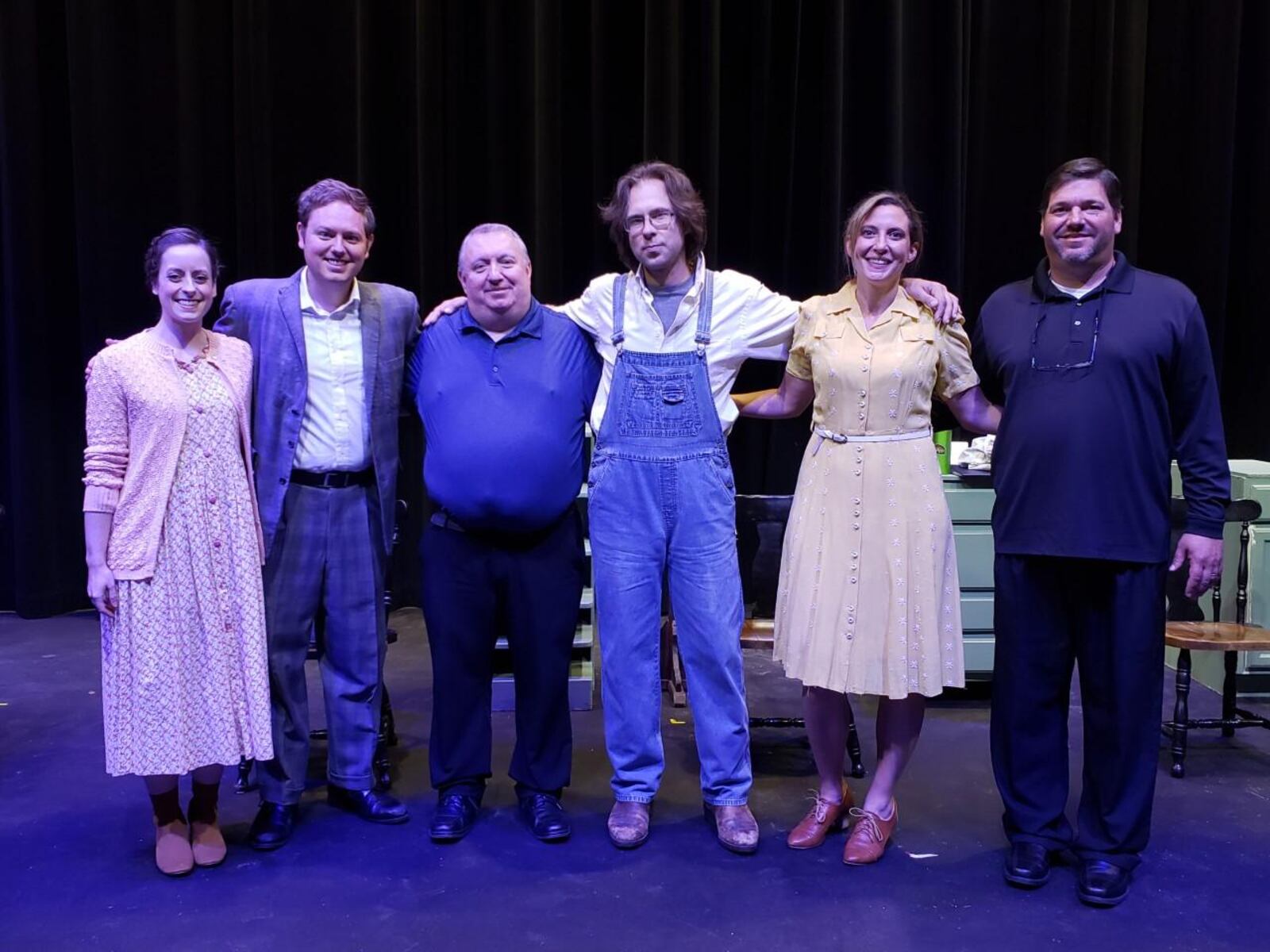 Left to right: The cast of "Every Livin' Soul": Kathryn Gainey-West (Dot Winship), Brandon Shockney (Choc), director Ray Gambrel, Steve Heman (Herk Winship), Mandy Shannon (Hannah Winship Grey), and Steve Mongelli, who provided stage directions.