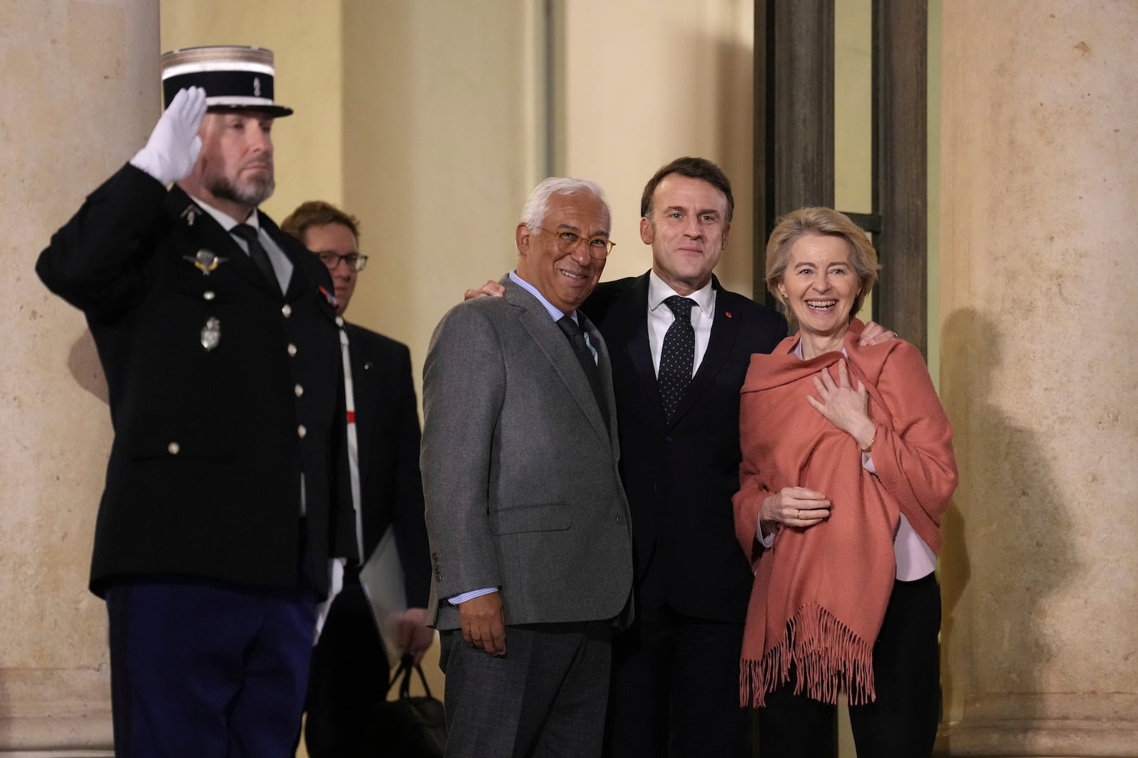 French President Emmanuel Macron, center, speaks with European Council President Antonio Costa, left, and European Commission President Ursula von der Leyen as they leave the Elysee Palace, after an informal meeting of leaders from key European Union nations and the United Kingdom, in Paris, Monday, Feb. 17, 2025. (AP Photo/Aurelien Morissard)