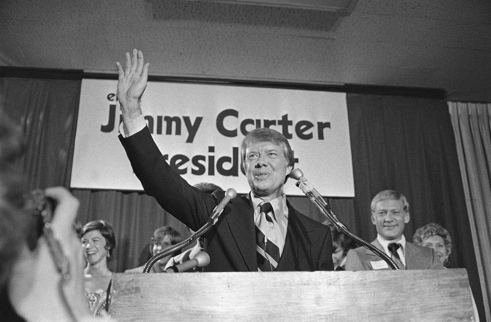 FILE - Georgia Democratic Gov. Jimmy Carter officially announces his candidacy for president in Atlanta on Dec. 12, 1974. (AP Photo/BJ, File)