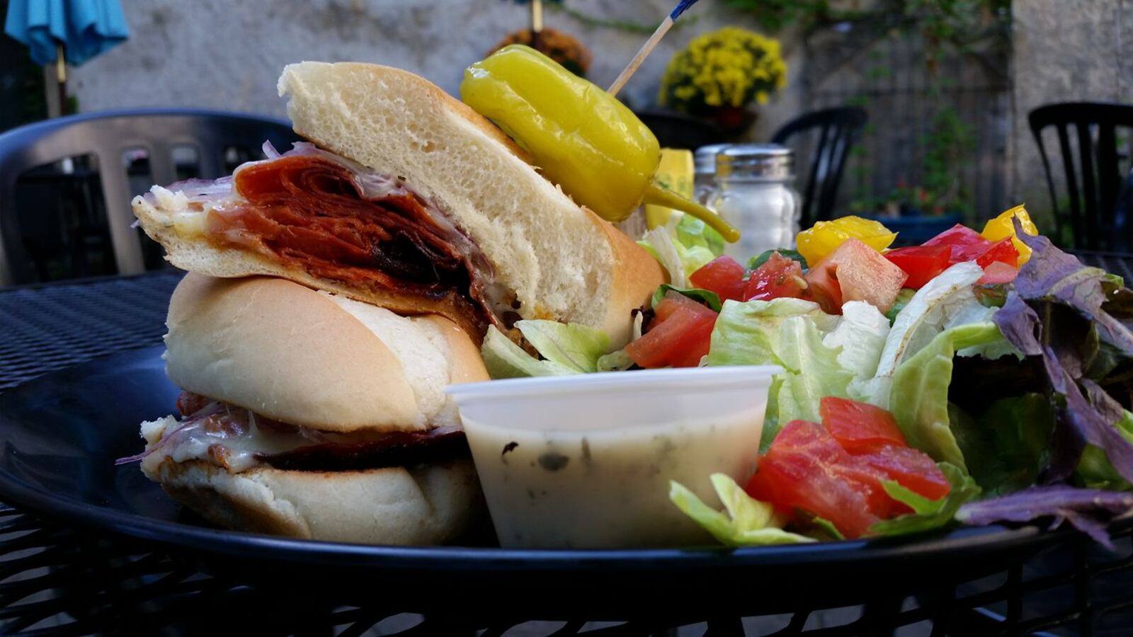 A featured Italian sub served on Trolley Stop's patio. The patio won second place in the 2018 Dayton.com Best of Dayton contest.