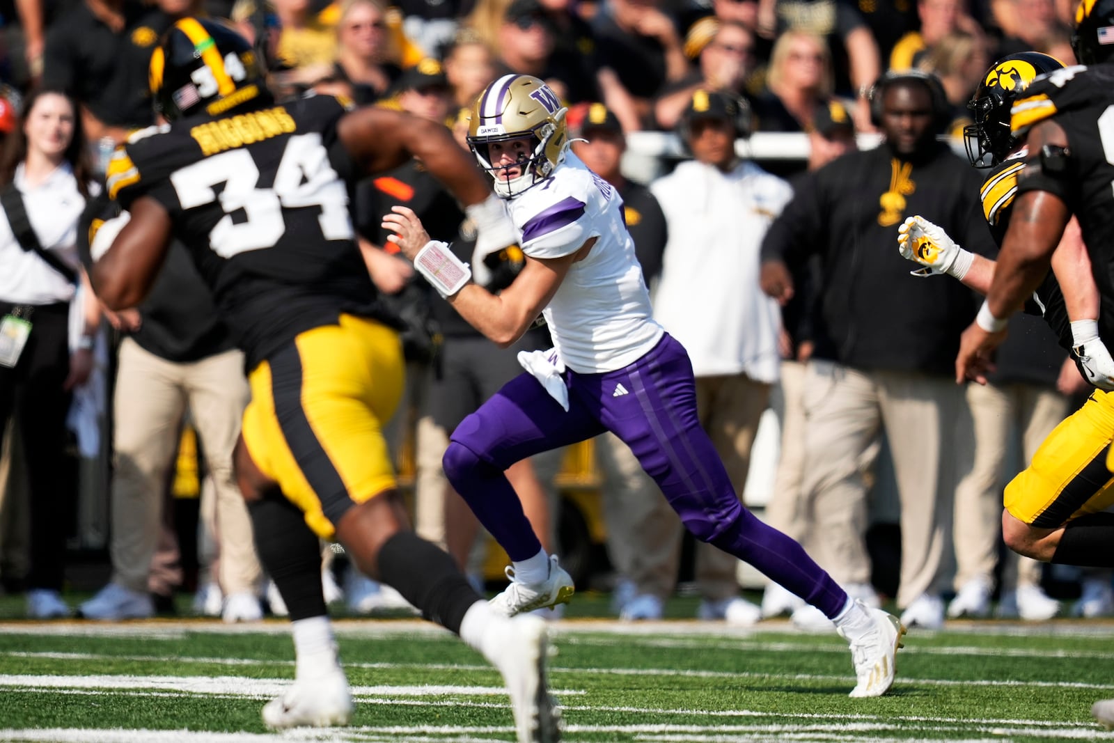 Washington quarterback Will Rogers runs from Iowa linebacker Jay Higgins (34) during the first half of an NCAA college football game, Saturday, Oct. 12, 2024, in Iowa City, Iowa. (AP Photo/Charlie Neibergall)