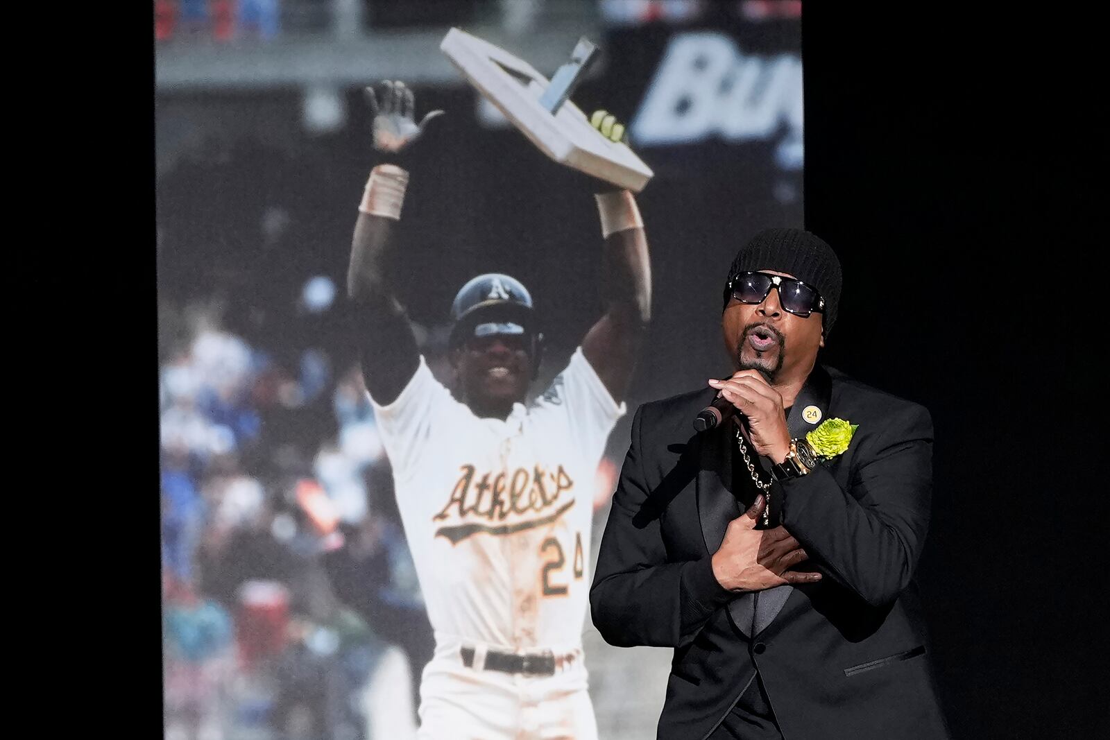 Musician MC Hammer performs during a celebration of life for former Oakland Athletics baseball player Rickey Henderson in Oakland, Calif., Saturday, Feb. 1, 2025. (AP Photo/Jeff Chiu)