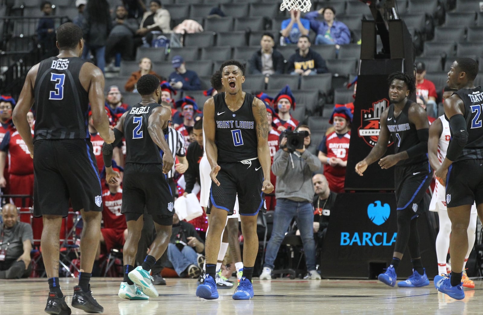 Jordan Goodwin, of Saint Louis , reacts to a play during a game against Dayton in the quarterfinals of the Atlantic 10 tournament on Friday, March 15, 2019, at the Barclays Center in Brooklyn, N.Y. David Jablonski/Staff