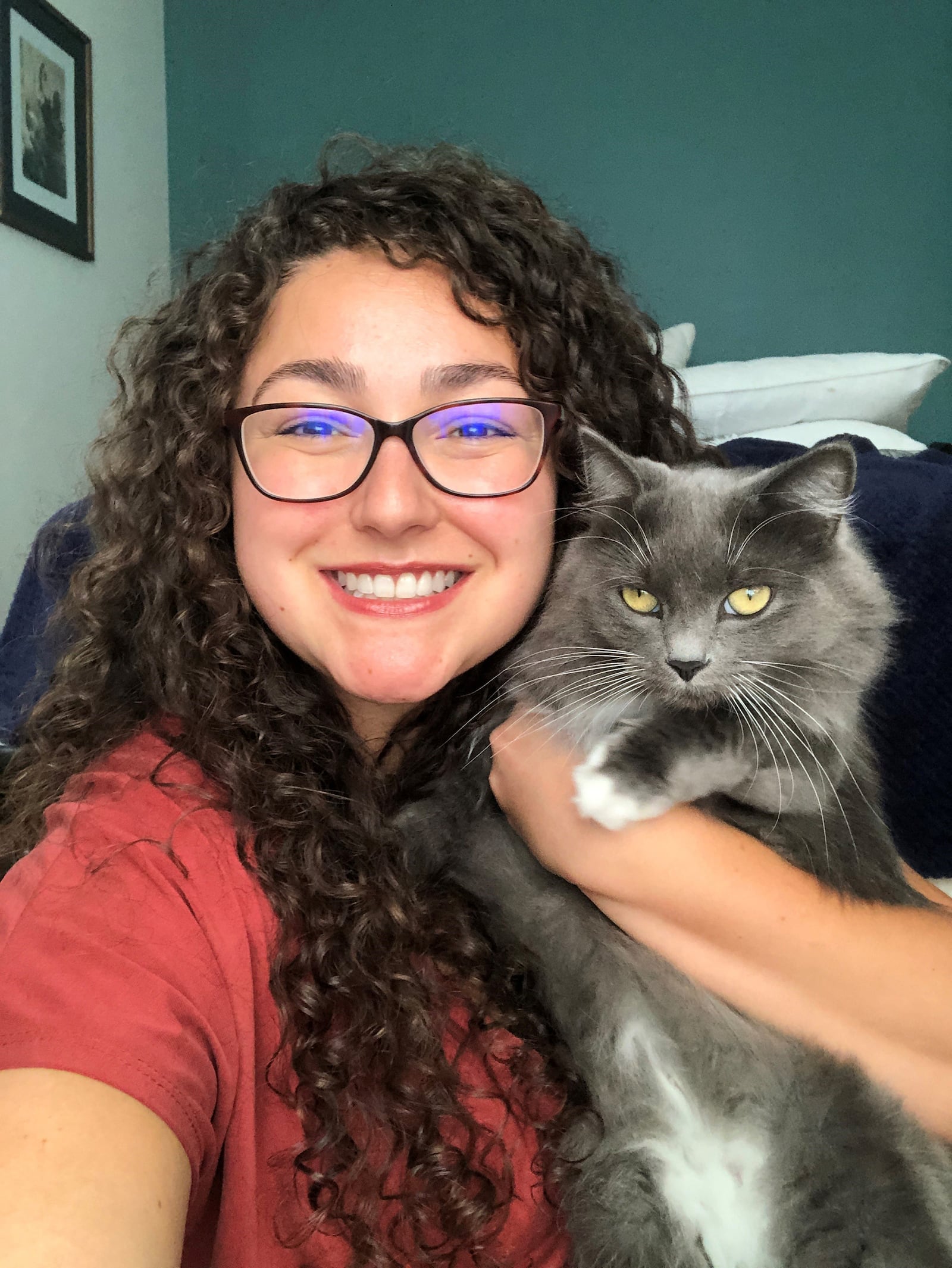 Kara Hamby (with her cat Olive) serves as the public information officer for Montgomery County's business services. She became one of the first County employees to become a certified drone pilot late last year. CONTRIBUTED