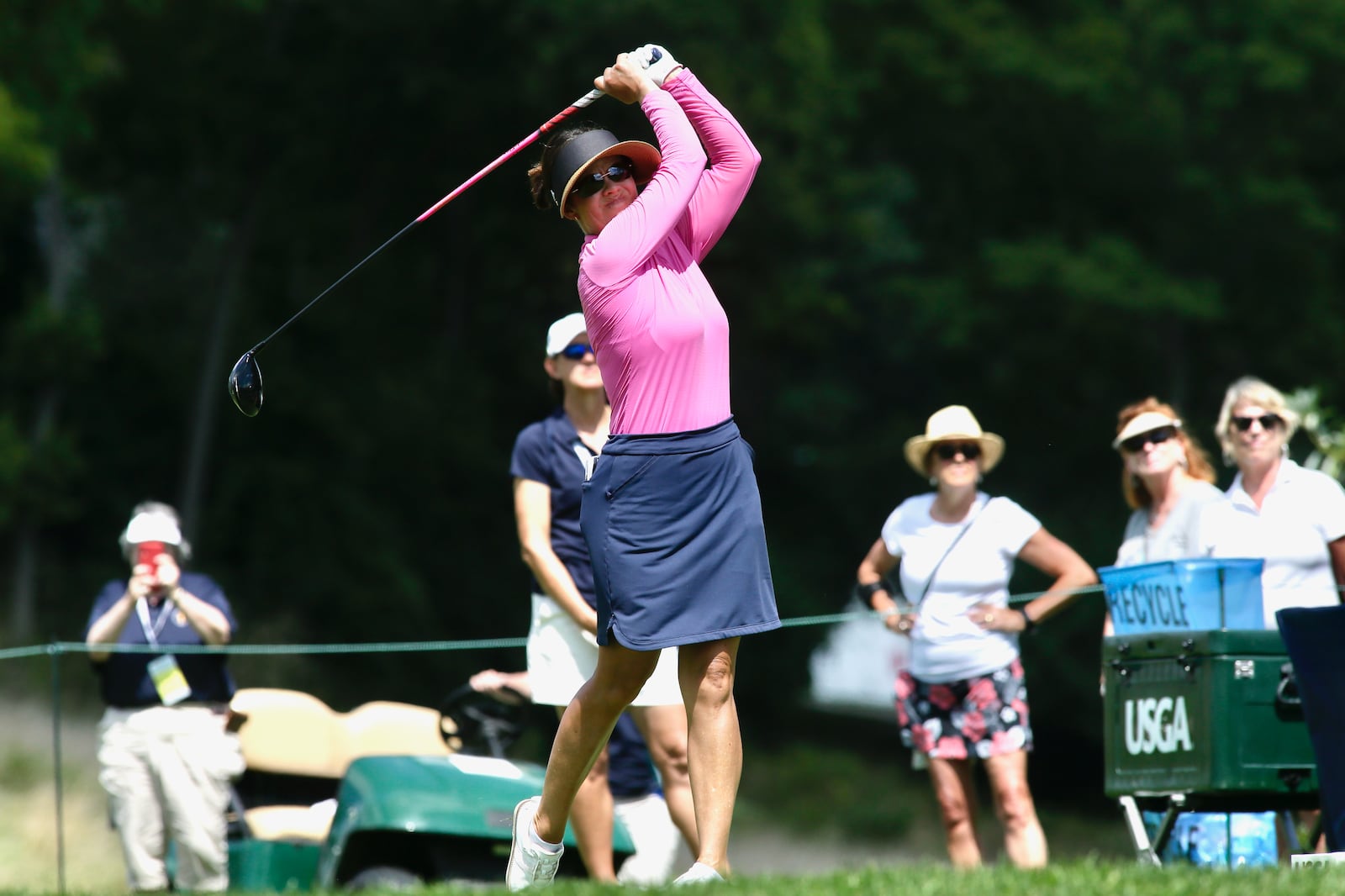 Leta Lindley hits her first shot of the second round at No. 10 at the U.S. Senior Women’s Open on Friday, Aug. 26, 2022, at NCR Country Club in Kettering. David Jablonski/Staff