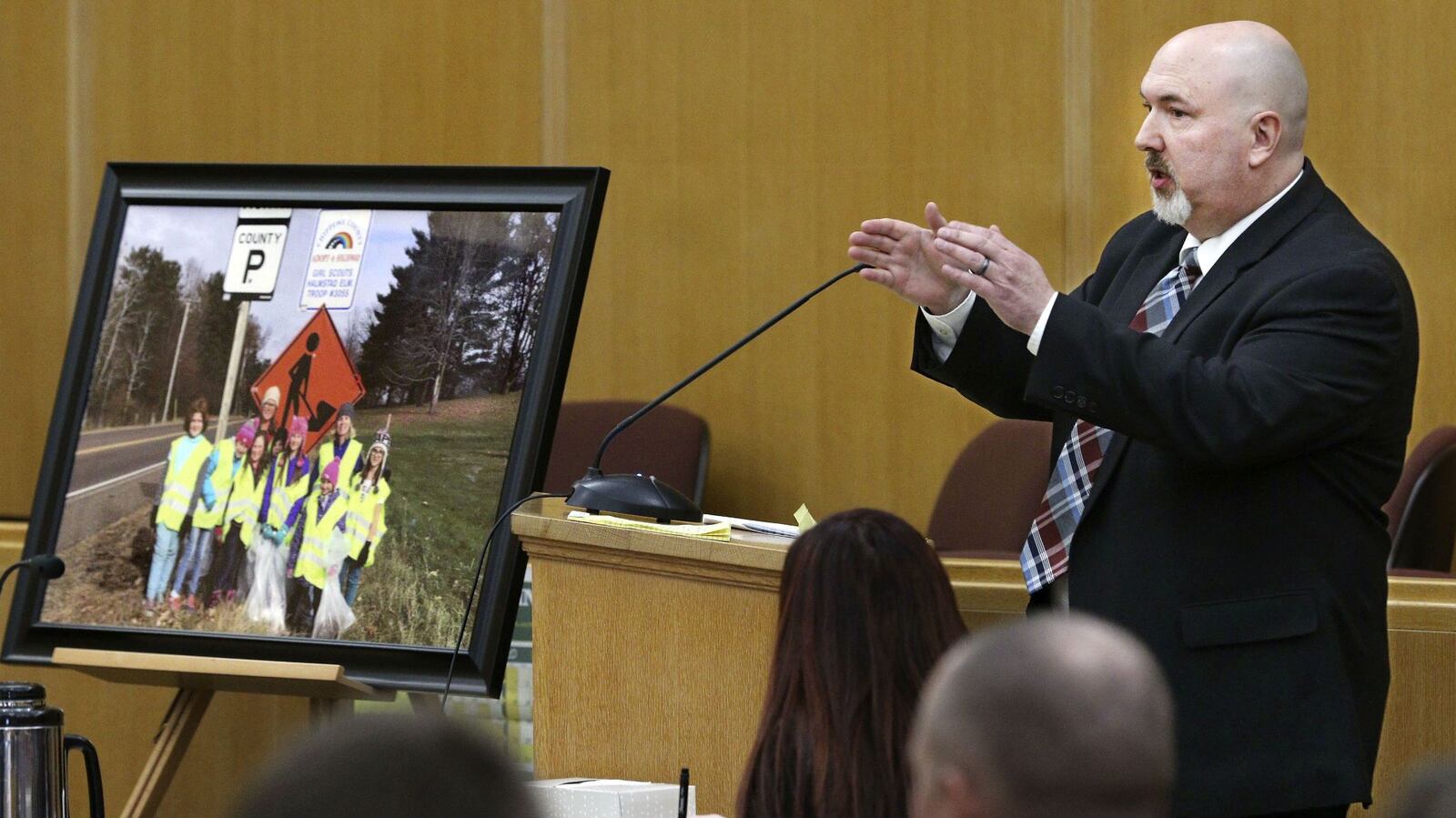 Chippewa County District Attorney Wade Newell speaks at the sentencing of Colten Treu at Chippewa County Court in Chippewa Falls, Wis., Wednesday, March 11, 2020. Treu, 23, was sentenced to 54 years in prison for causing a November 2018 crash that killed three Girl Scouts and a mother as they picked up trash along a rural road.