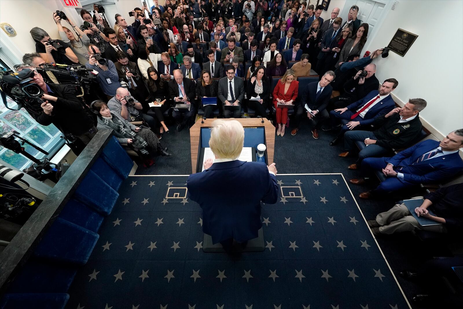 President Donald Trump speaks in the James Brady Press Briefing Room at the White House, Thursday, Jan. 30, 2025, in Washington. (AP Photo/Alex Brandon)