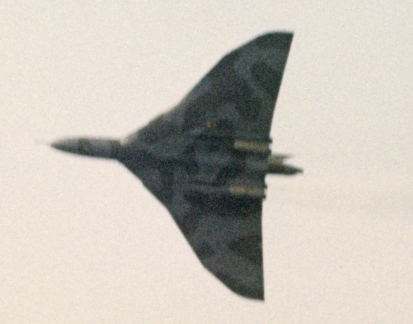 Gray and green camoflage pattern seen on the belly of Britain’ s Avro Vulcan bomber