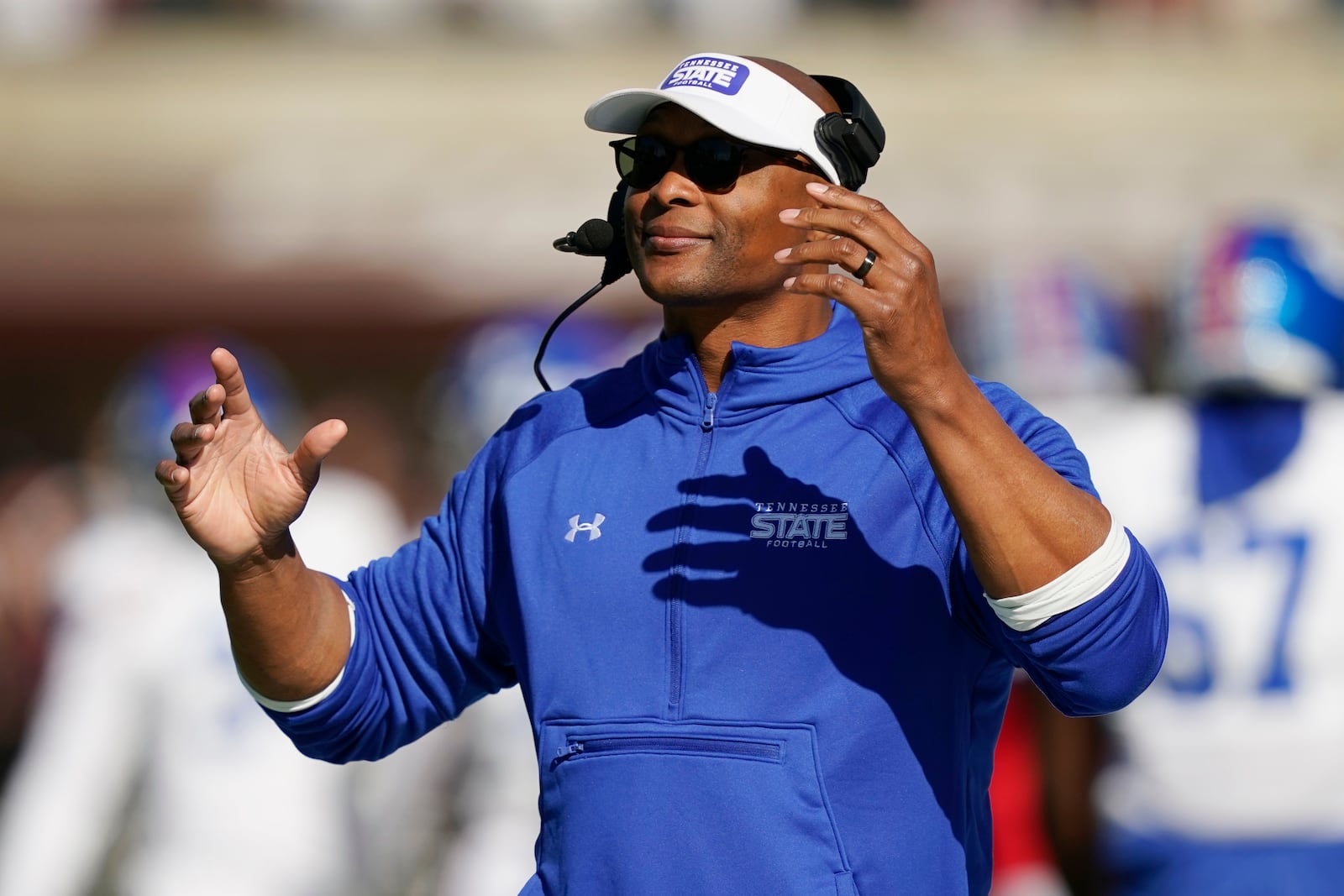 FILE - Tennessee State head coach Eddie George gestures as his team takes the field during the first half of an NCAA college football game against Mississippi State, Nov. 20, 2021, in Starkville, Miss. (AP Photo/Rogelio V. Solis, File)