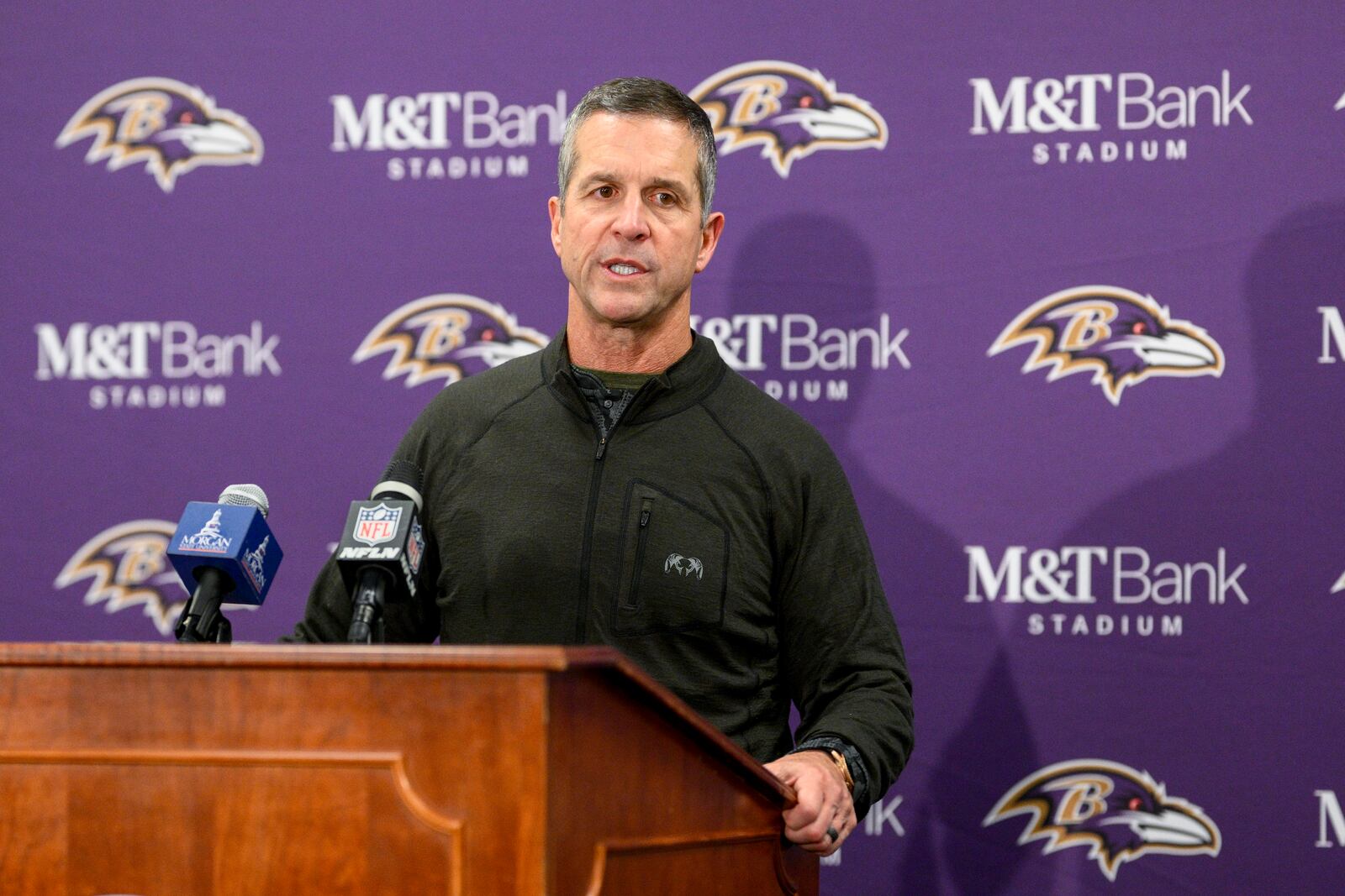 Baltimore Ravens head coach John Harbaugh talks to repoters following an NFL football game against the Pittsburgh Steelers, Saturday, Dec. 21, 2024, in Baltimore. The Ravens won 34-17. (AP Photo/Nick Wass)