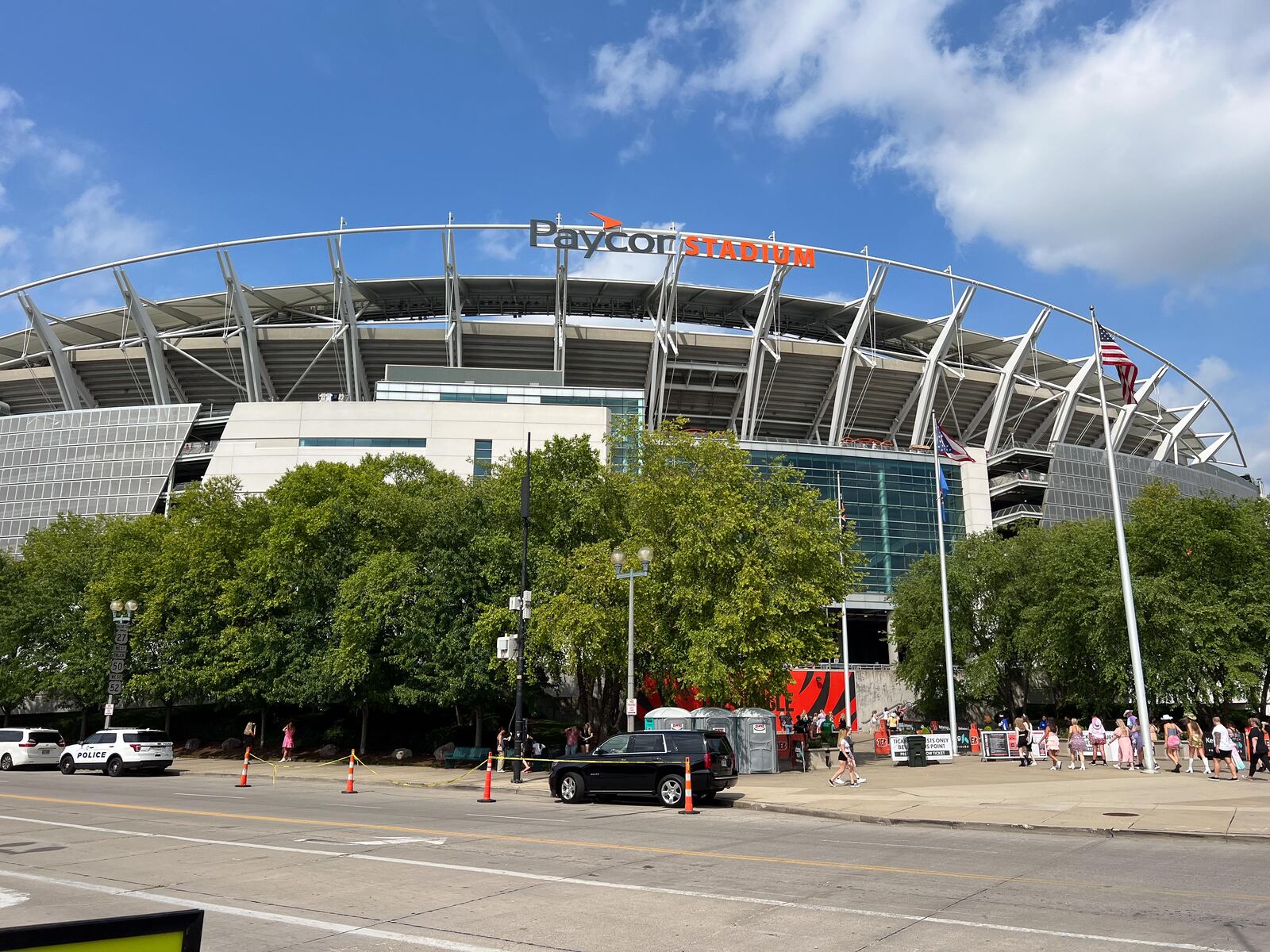 The Paycor Stadium name on the Cincinnati Bengals stadium is seen Friday, June 30, 2023 as superstar singer Taylor Swift performs inside. TOM GILLIAM/CONTRIBUTING PHOTOGRAPHER