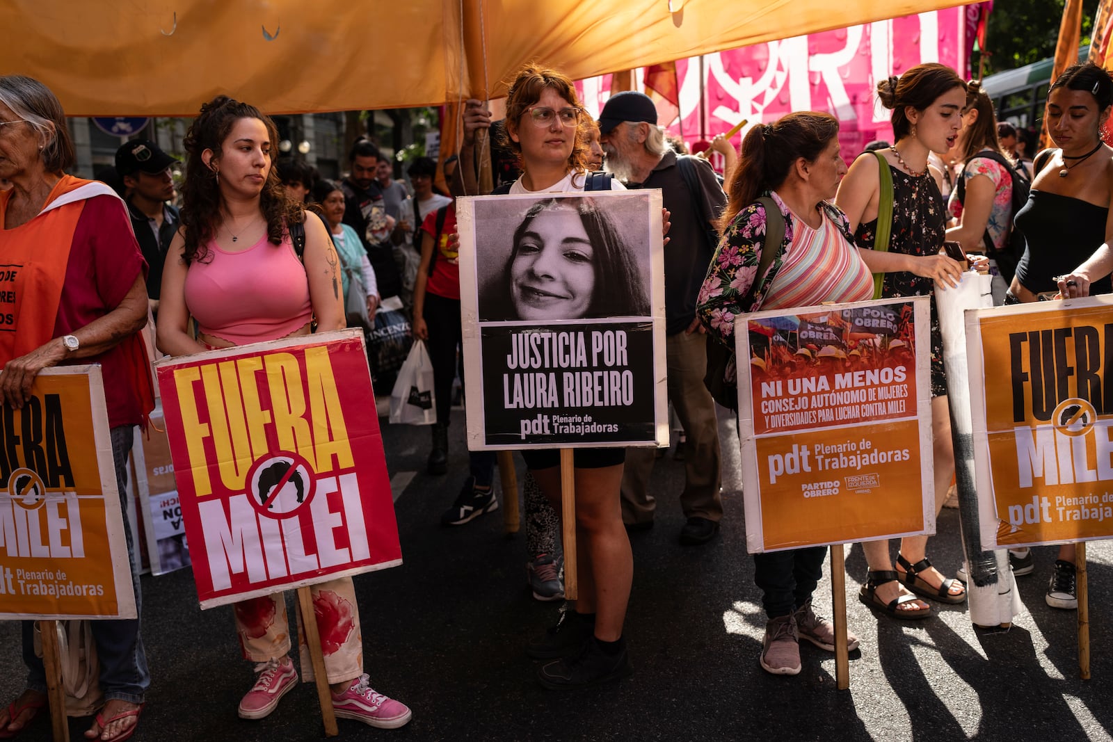 Women march during the International Day for the Elimination of Violence against Women in Buenos Aires, Argentina, Monday, Nov. 25, 2024. (AP Photo/Rodrigo Abd)