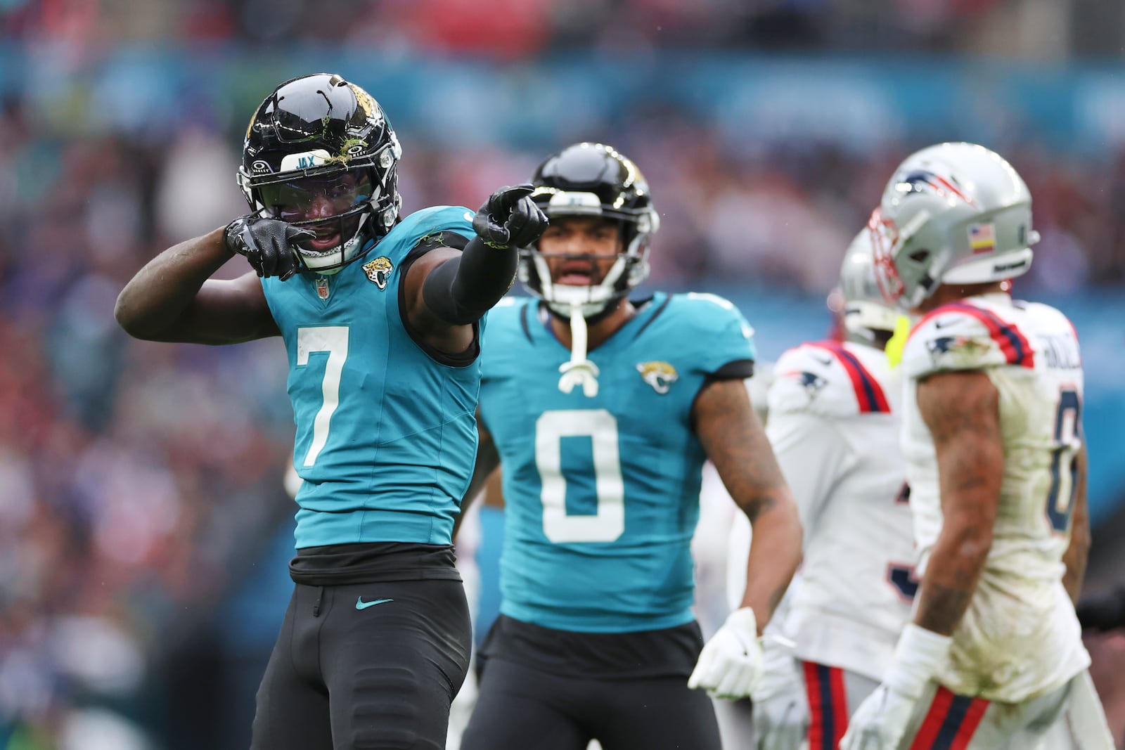 Jacksonville Jaguars wide receiver Brian Thomas Jr. (7) reacts after his pass reception for a first down during the first half of an NFL football game against the New England Patriots, Sunday, Oct. 20, 2024, in London. (AP Photo/Ian Walton)