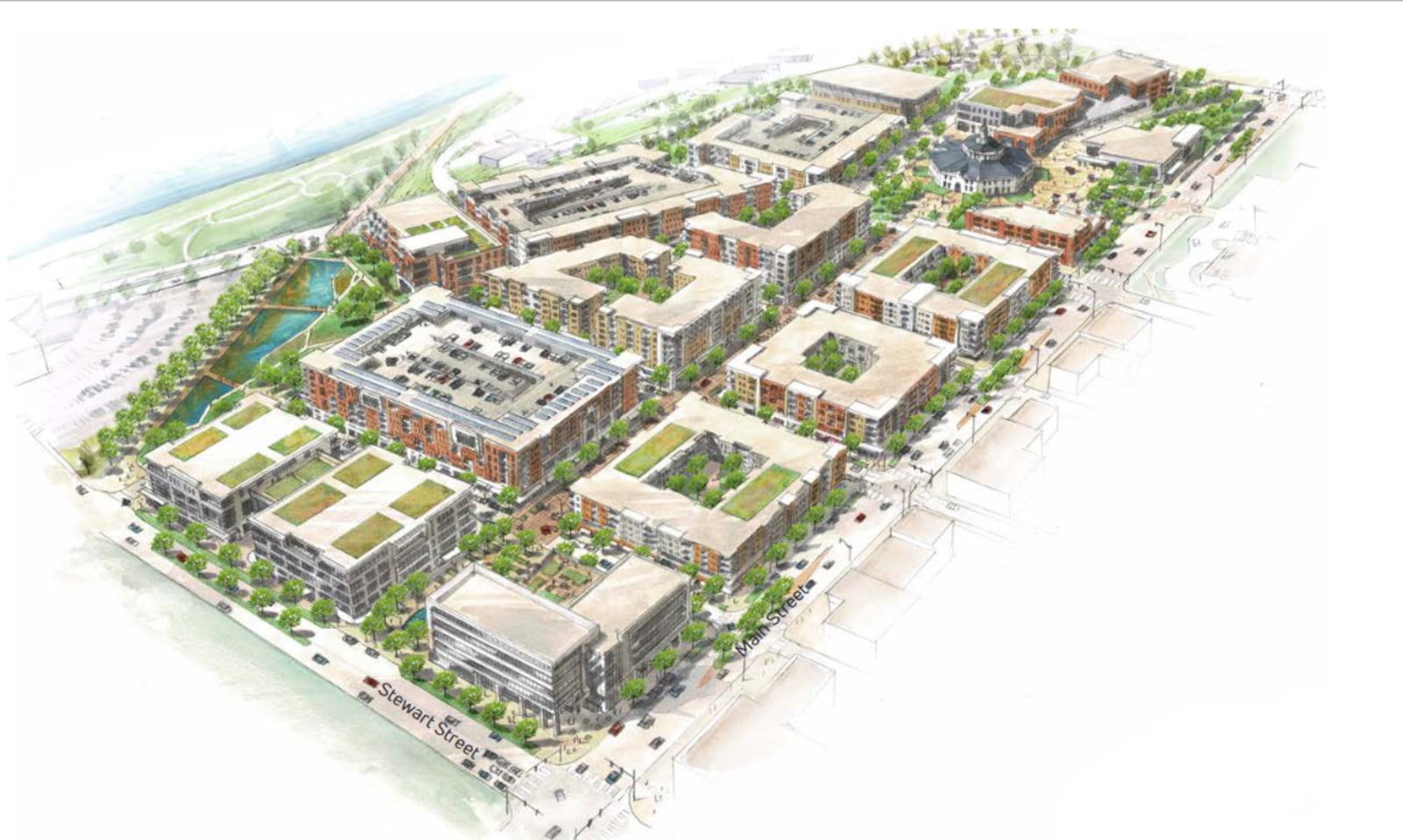 A concept rendering for the proposed redevelopment of the former Montgomery County fairgrounds site in Dayton. CONTRIBUTED