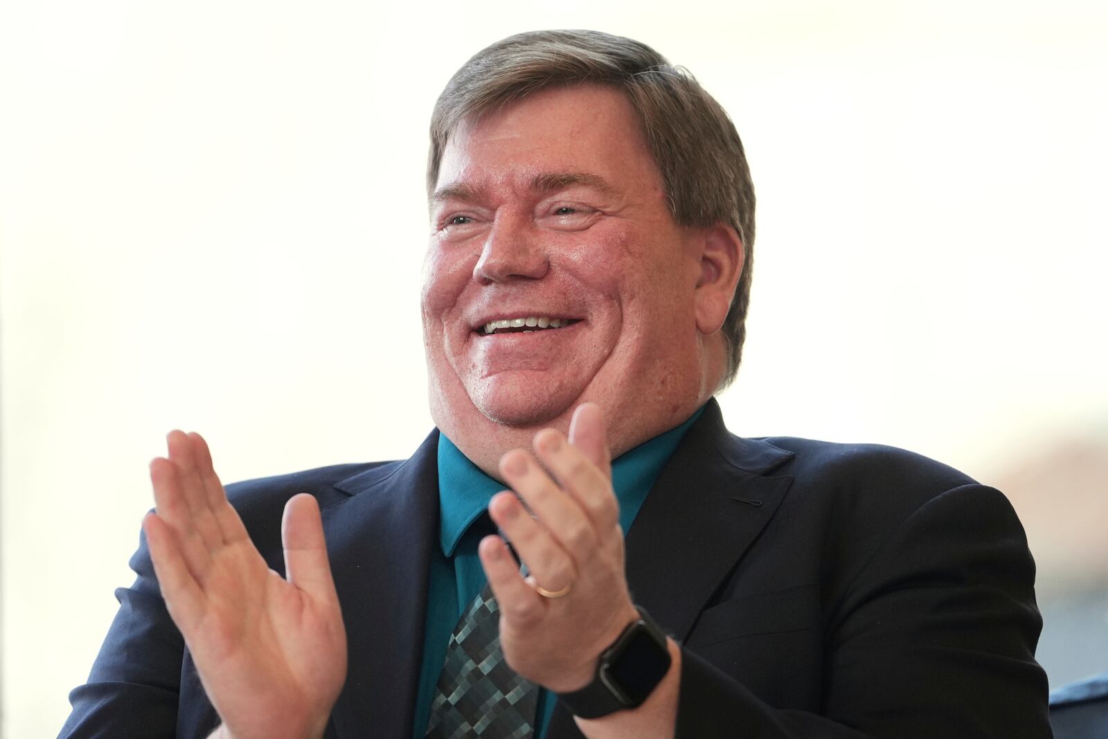 Lamont McClure, Democratic Northampton County Executive, applauds a speaker's remarks during an event announcing his campaign to run for the Pennsylvania's 7th Congressional District, in Easton, Pa., Thursday, Feb. 27, 2025. (AP Photo/Matt Rourke)