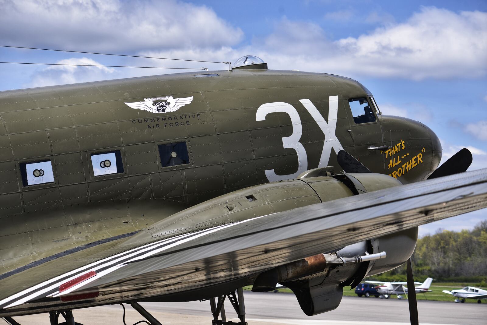 That’s All, Brother, a C-47 piloted by Lt. Col. John Donalson, arrived at Butler County Regional Airport Friday, April 16 for a three-day visit with tours and rides available. The historic WWII C-47 aircraft led over 800 C-47’s over the drop zones of Normandy, France on D-Day on June 6th, 1944. NICK GRAHAM / STAFF