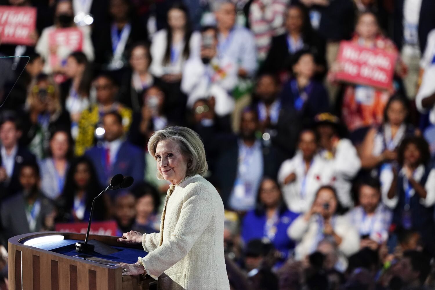 Hillary Clinton, the former secretary of state, speaks on the first night of the Democratic National Convention at the United Center in Chicago on Monday, Aug. 19, 2024. (Haiyun Jiang/The New York Times)